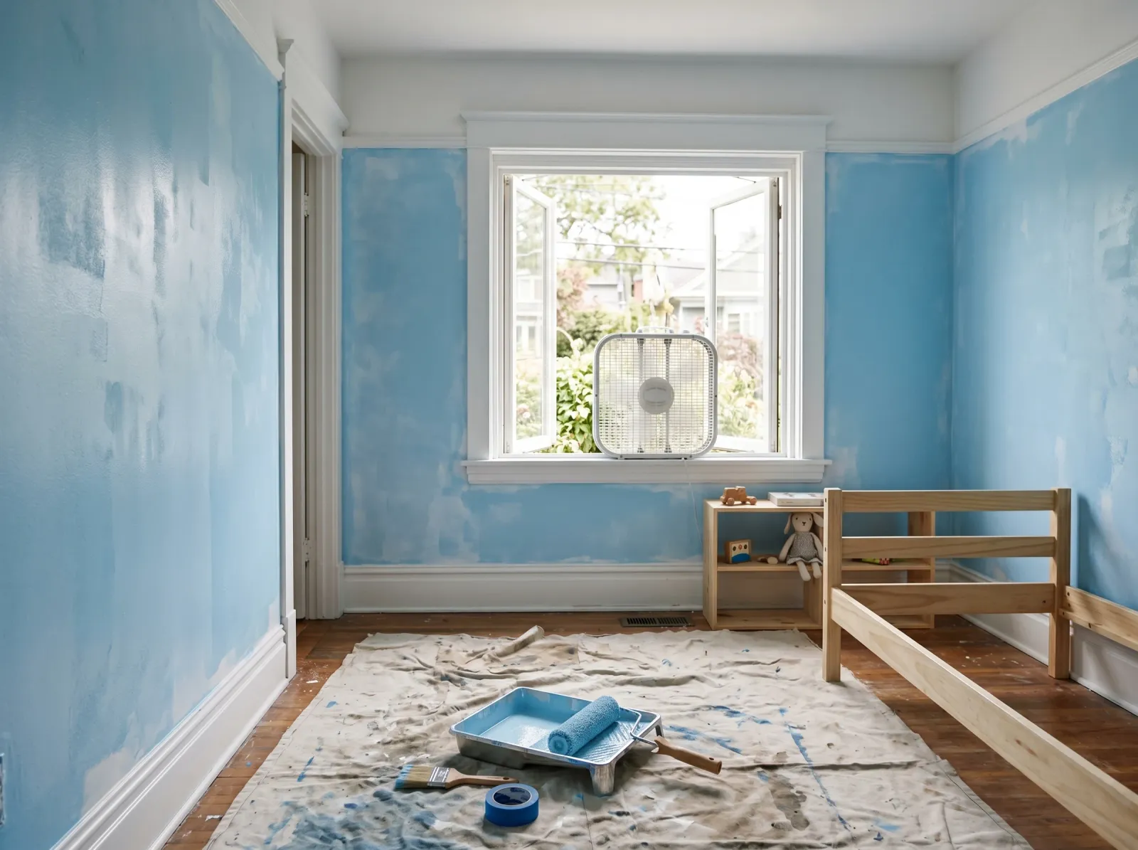 Kids' bedroom mid-paint with a patchy first coat of soft blue on the walls