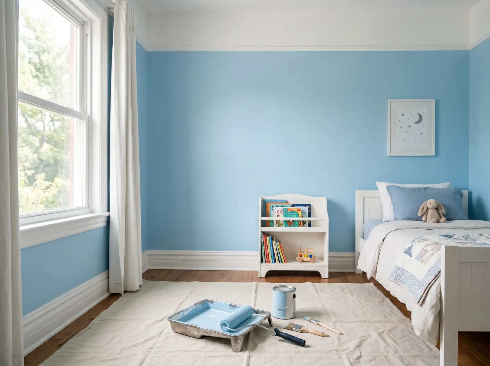 Kids' bedroom with an even second coat of soft blue, white trim, roller on the drop cloth