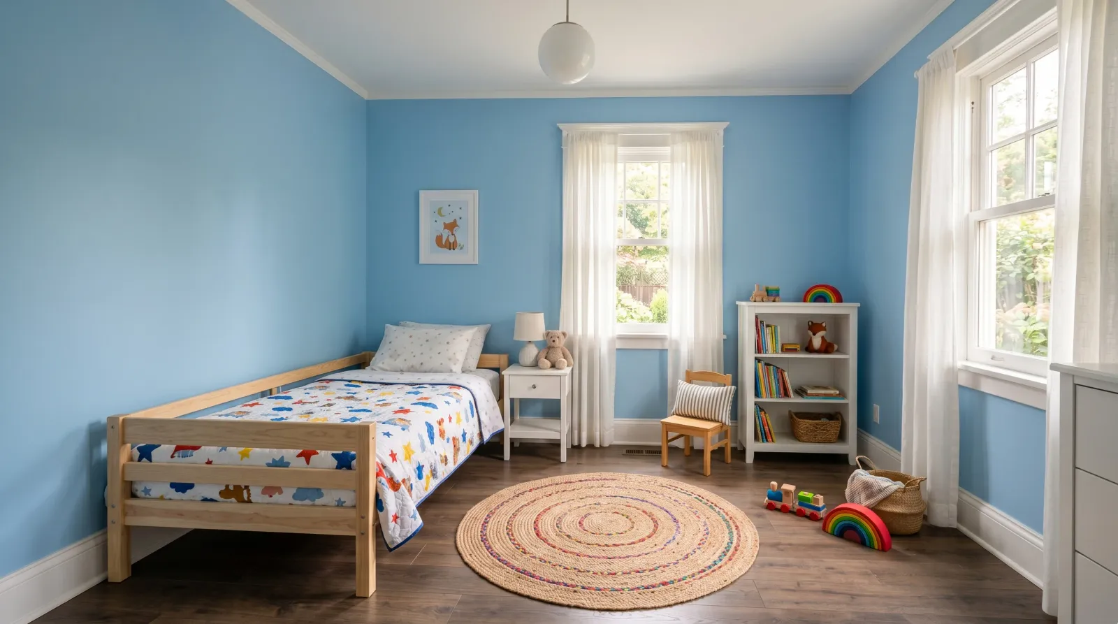 Finished kids' bedroom with soft blue walls and furniture back in place