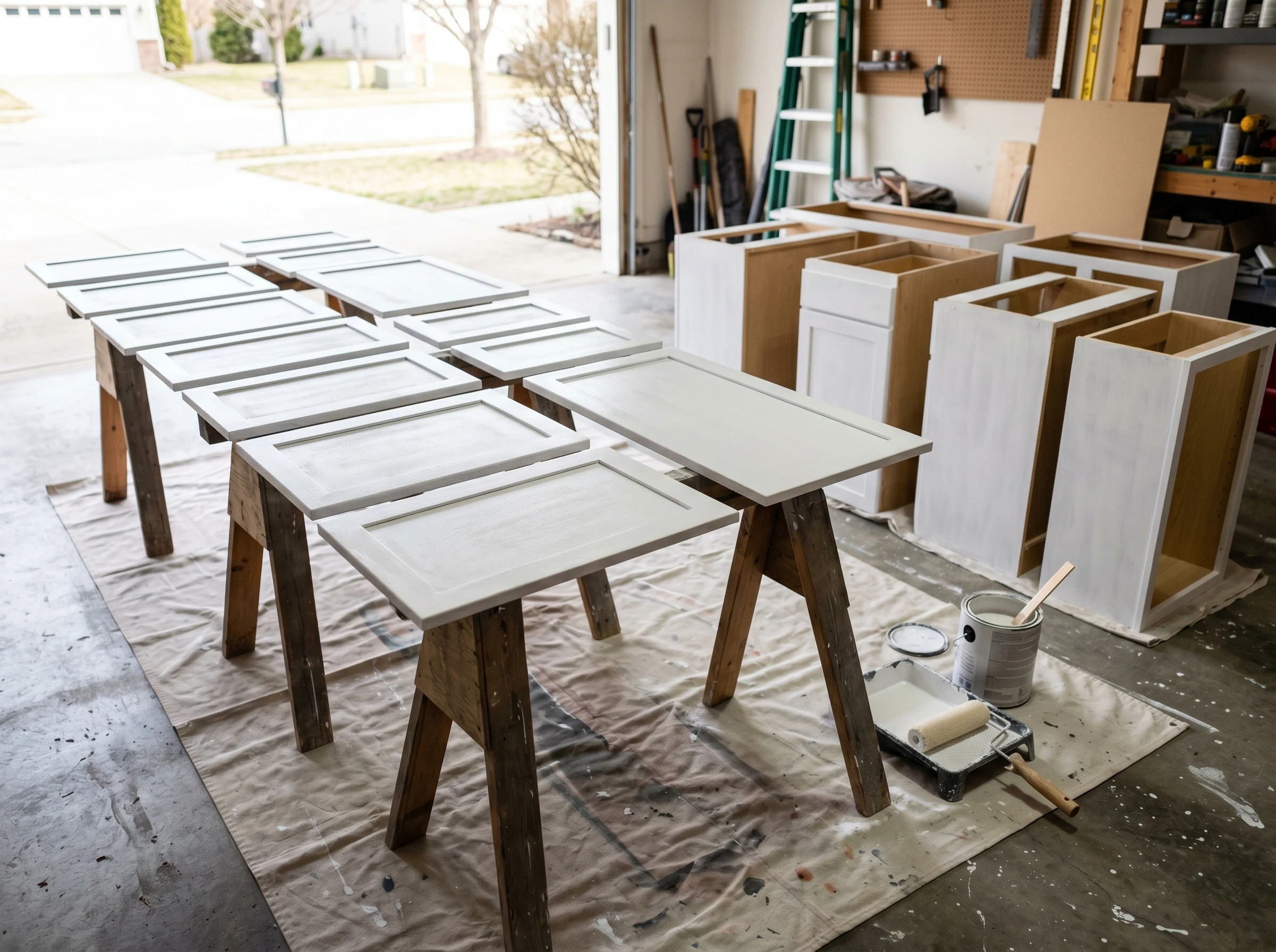 Kitchen cabinet boxes and doors after one coat of bonding primer, drying flat