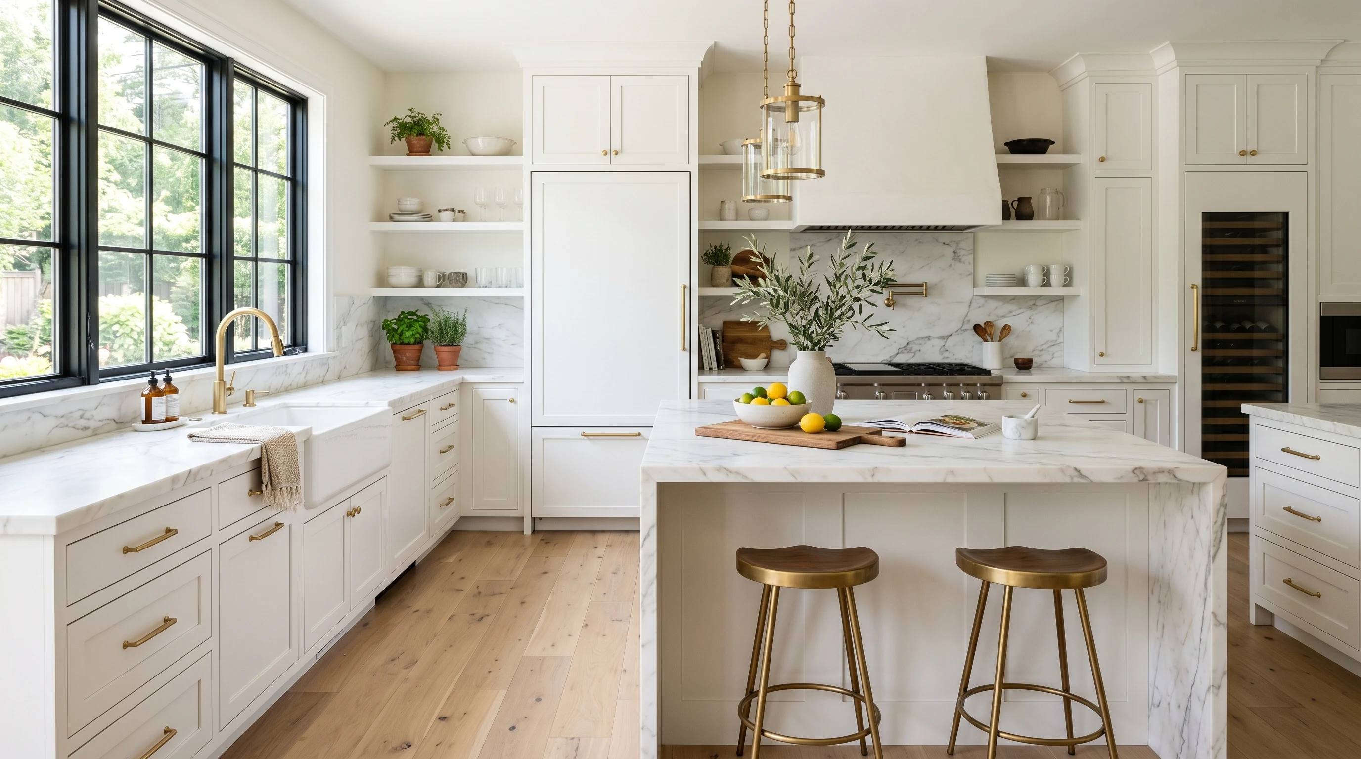 Finished kitchen with freshly painted white cabinets and brass hardware reinstalled