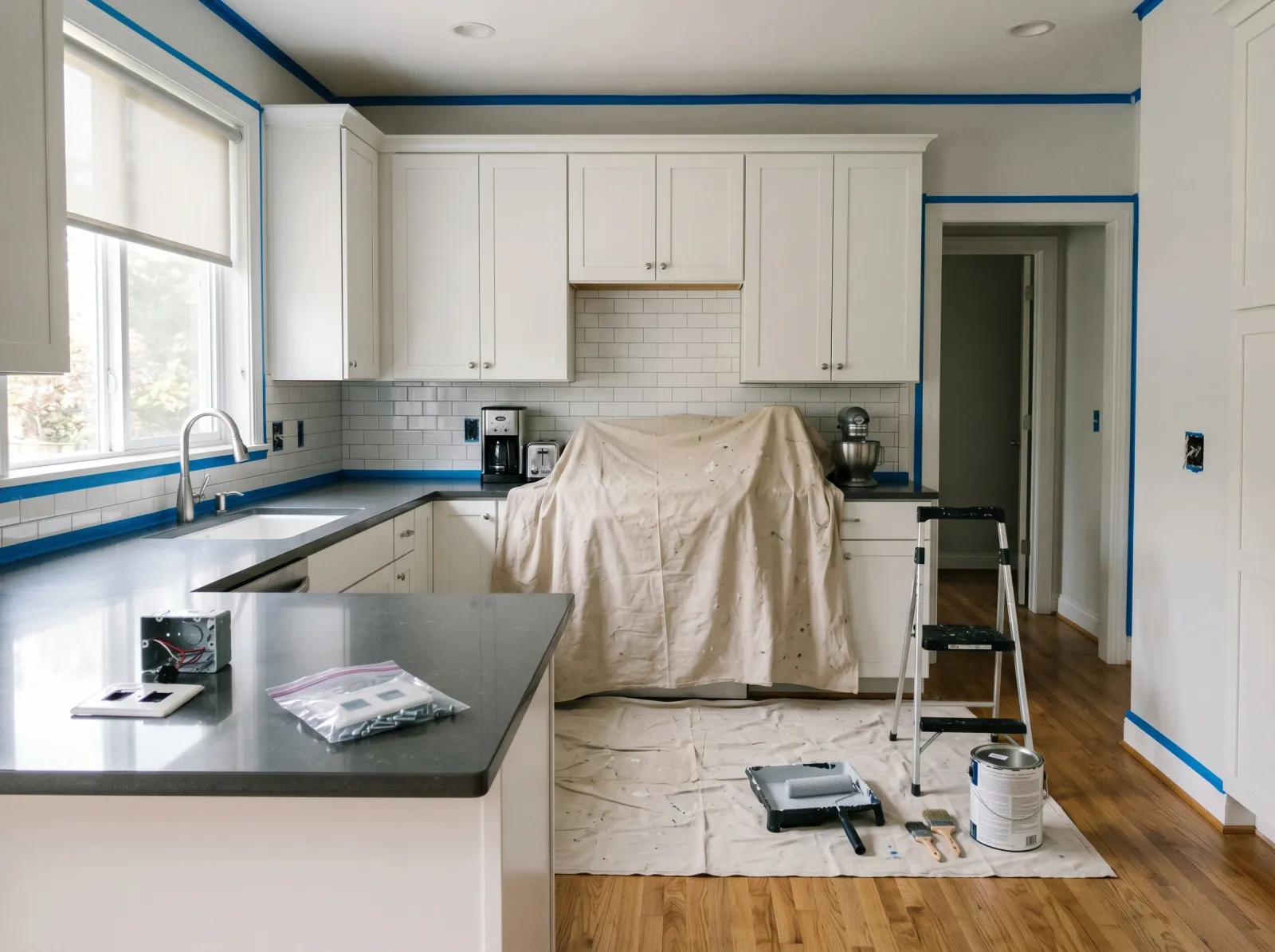 Empty kitchen prepped for paint with counters covered and outlet plates removed