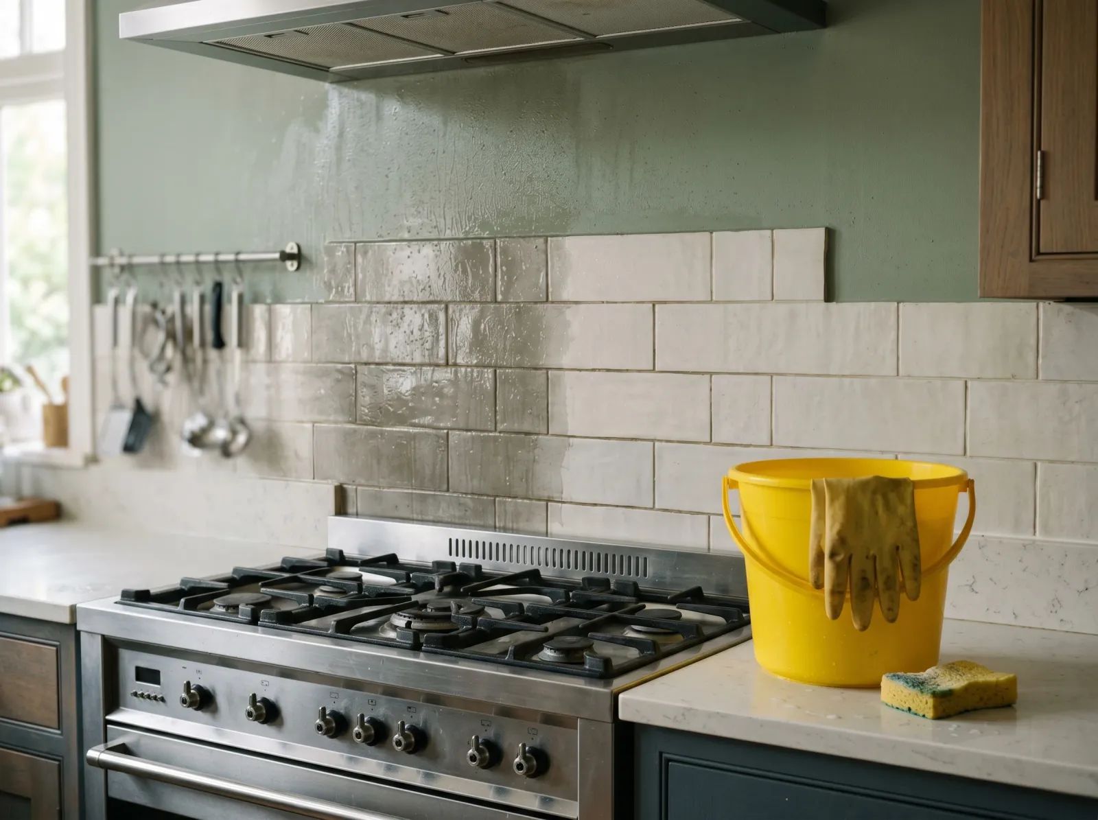 Kitchen wall above the stove wiped clean with degreaser, bucket and sponge on the counter