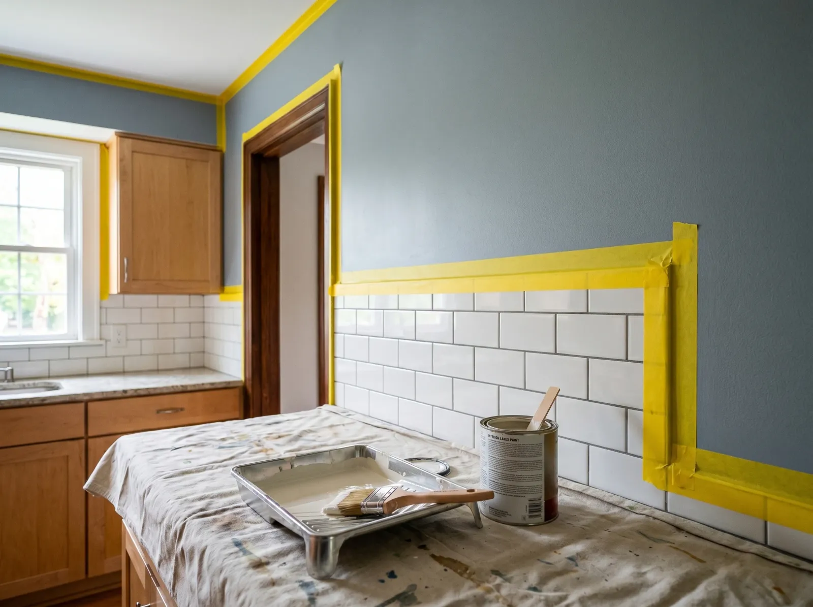 Kitchen wall taped along backsplash, ceiling, and trim with brush and tray staged on the counter