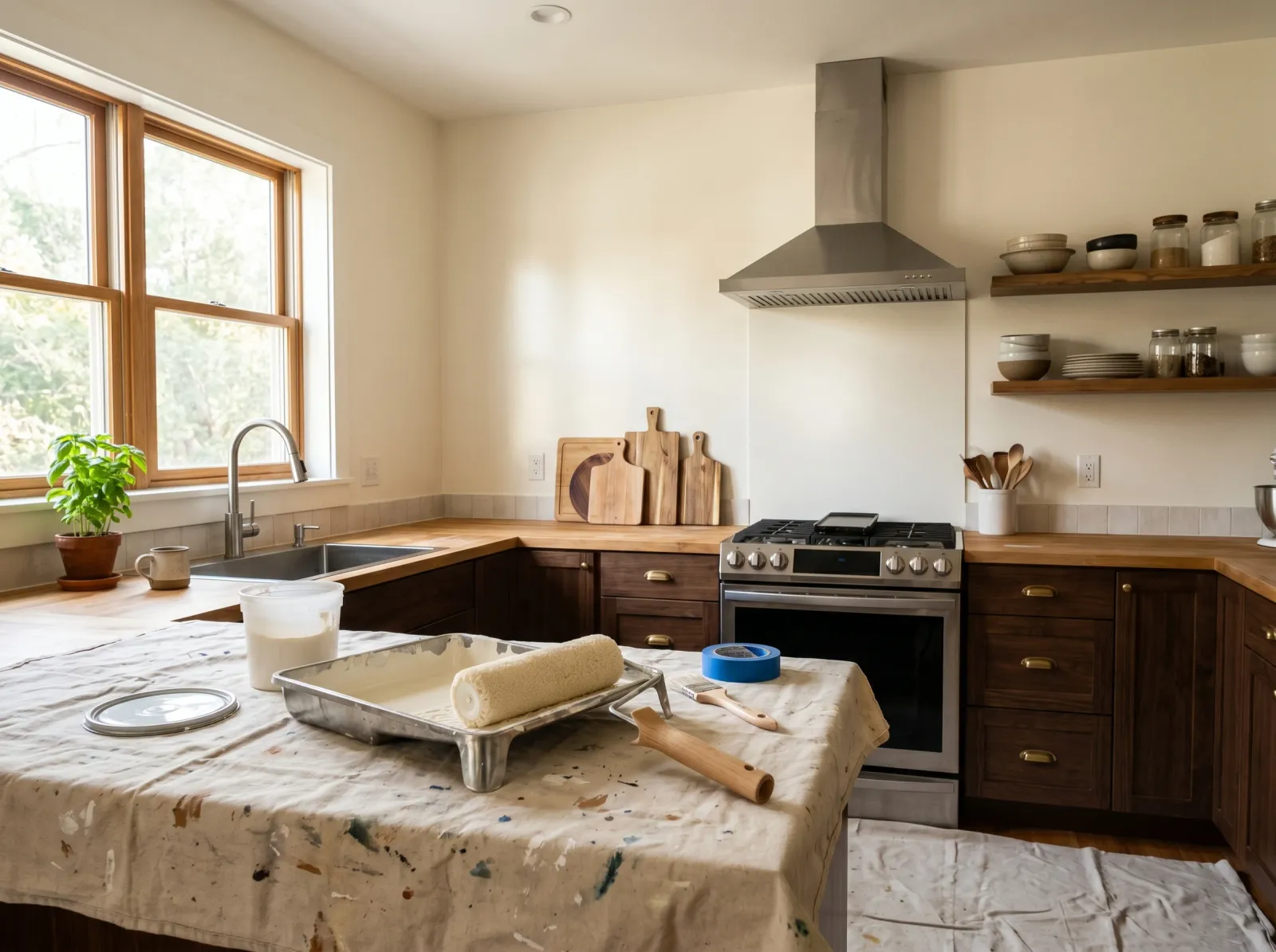 Kitchen walls with even second coat of warm-white finish, roller and tray on the covered counter