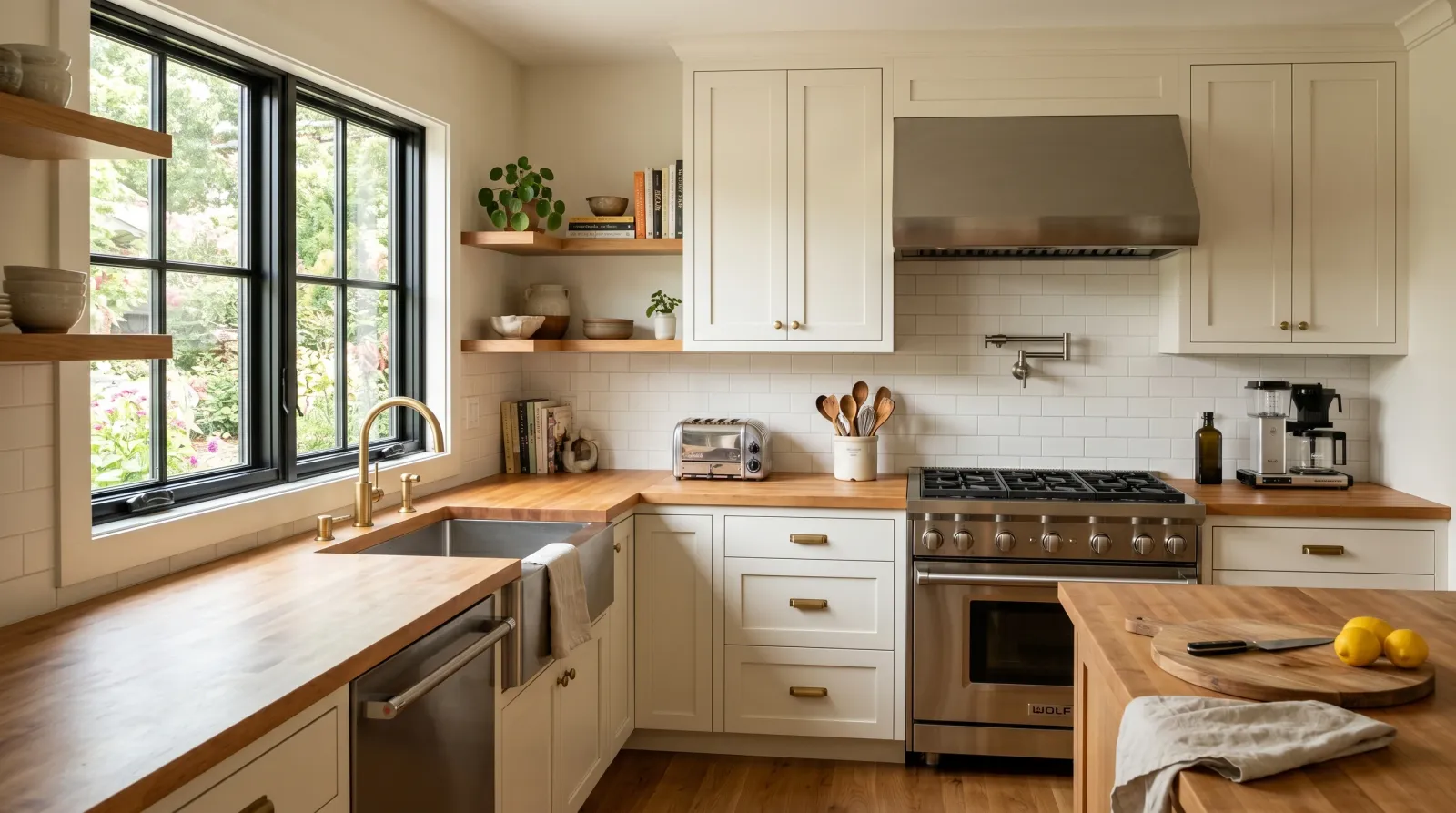 Finished kitchen with painted walls, appliances back on the counter, sunlit