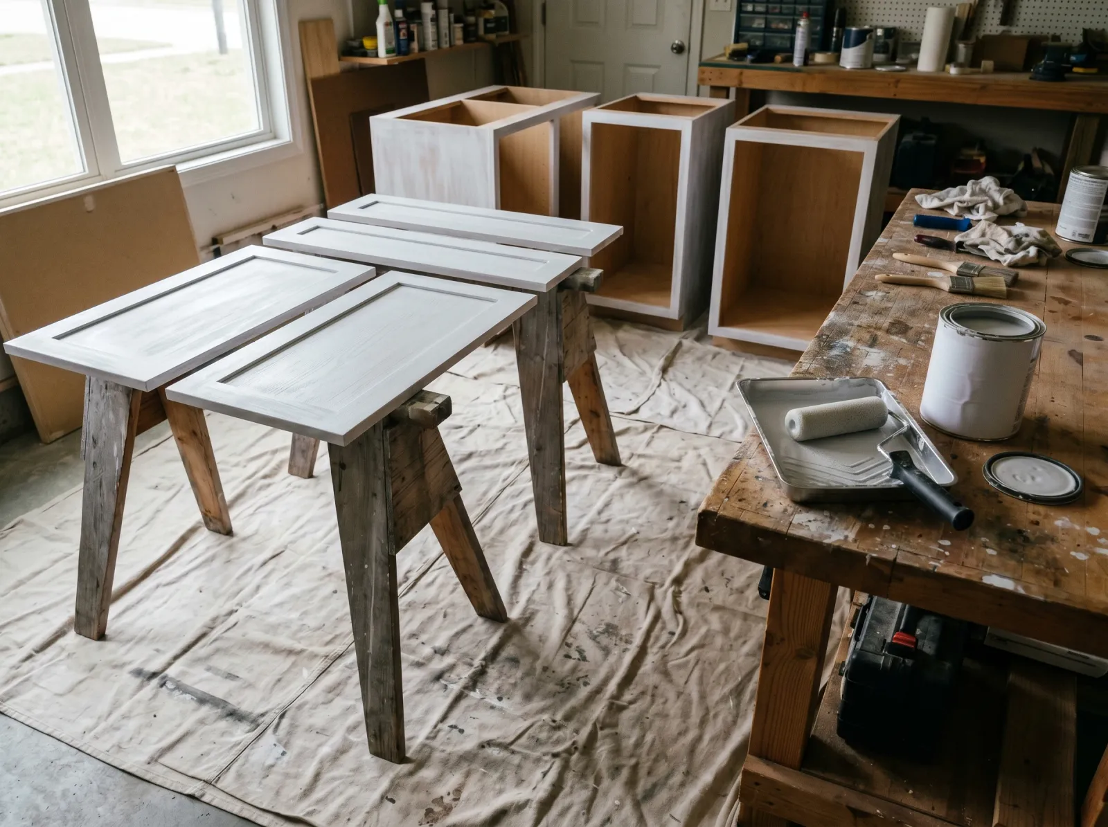 Laundry cabinet doors and boxes coated in white-grey bonding primer, doors drying flat on sawhorses