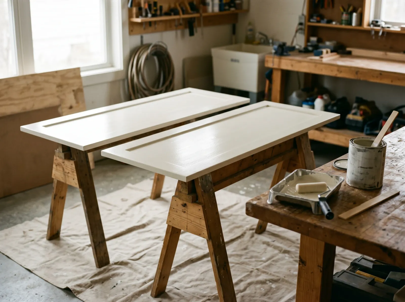 Laundry cabinet doors with a fresh first coat of warm-white enamel, drying flat on sawhorses