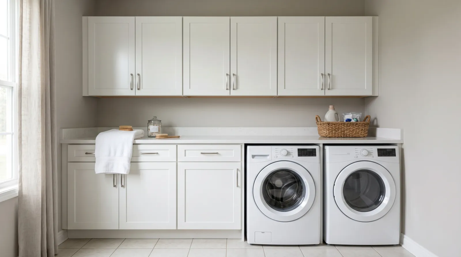Finished white laundry cabinets with reinstalled brushed-nickel pulls above a washer and dryer
