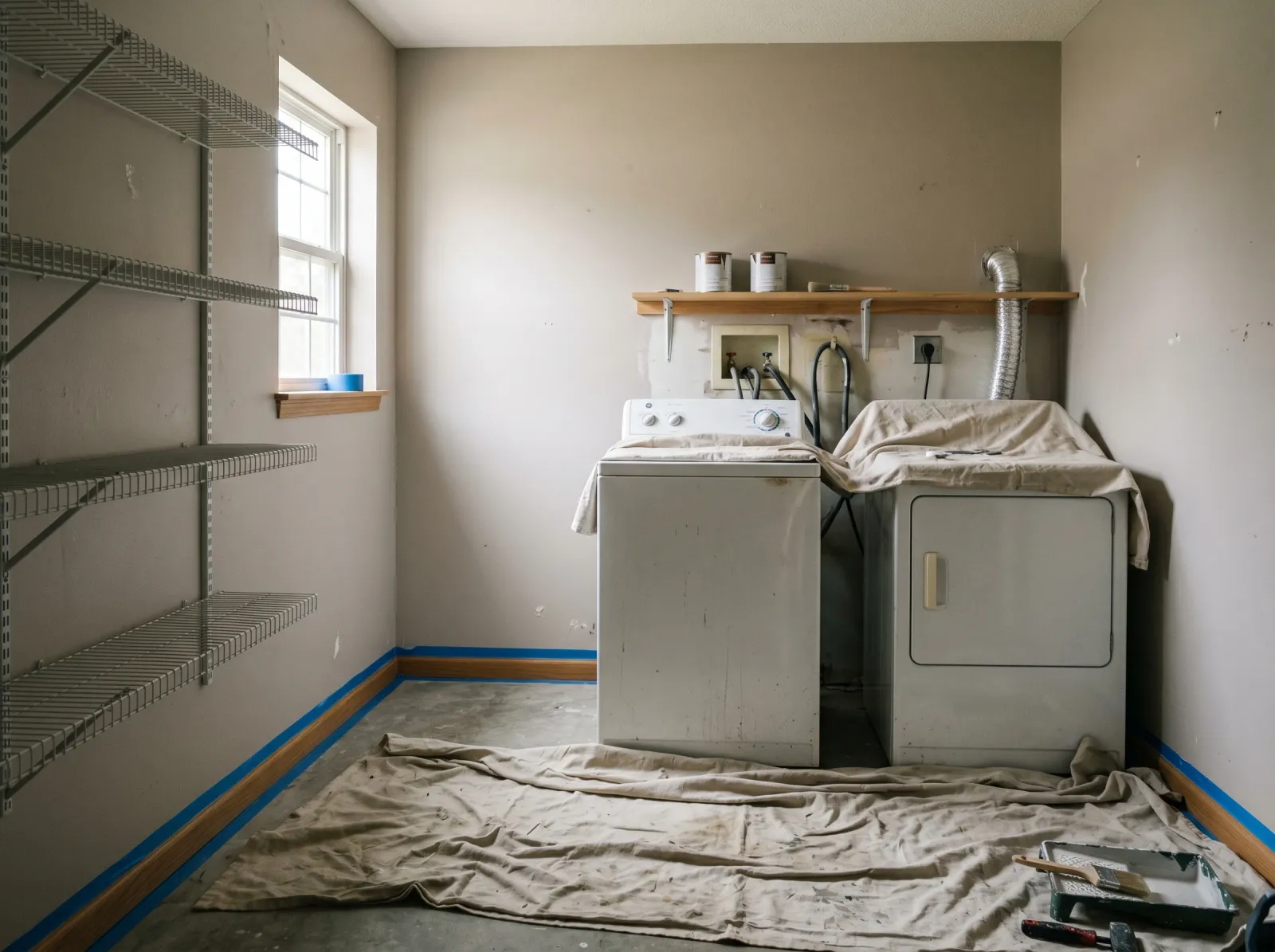 Laundry room prepped for paint with washer and dryer pulled away from the wall