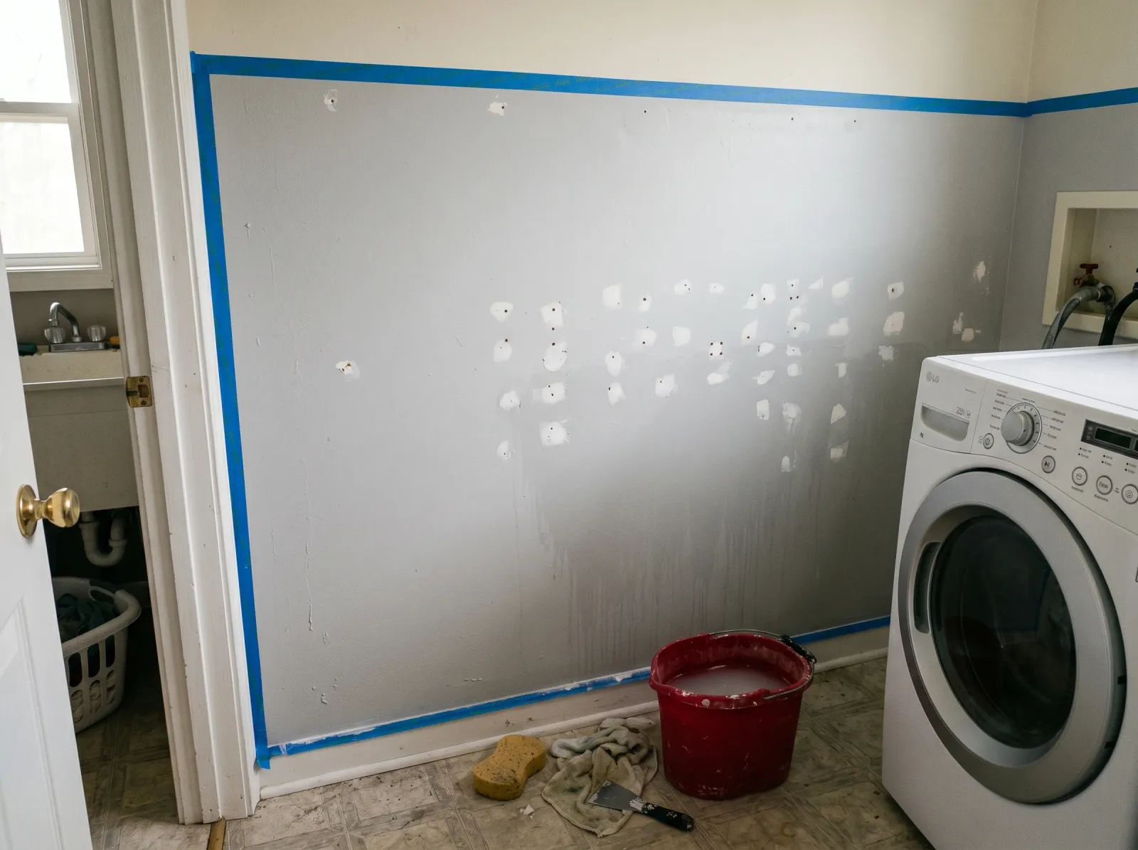 Laundry room wall patched, wiped clean behind the dryer, and taped off