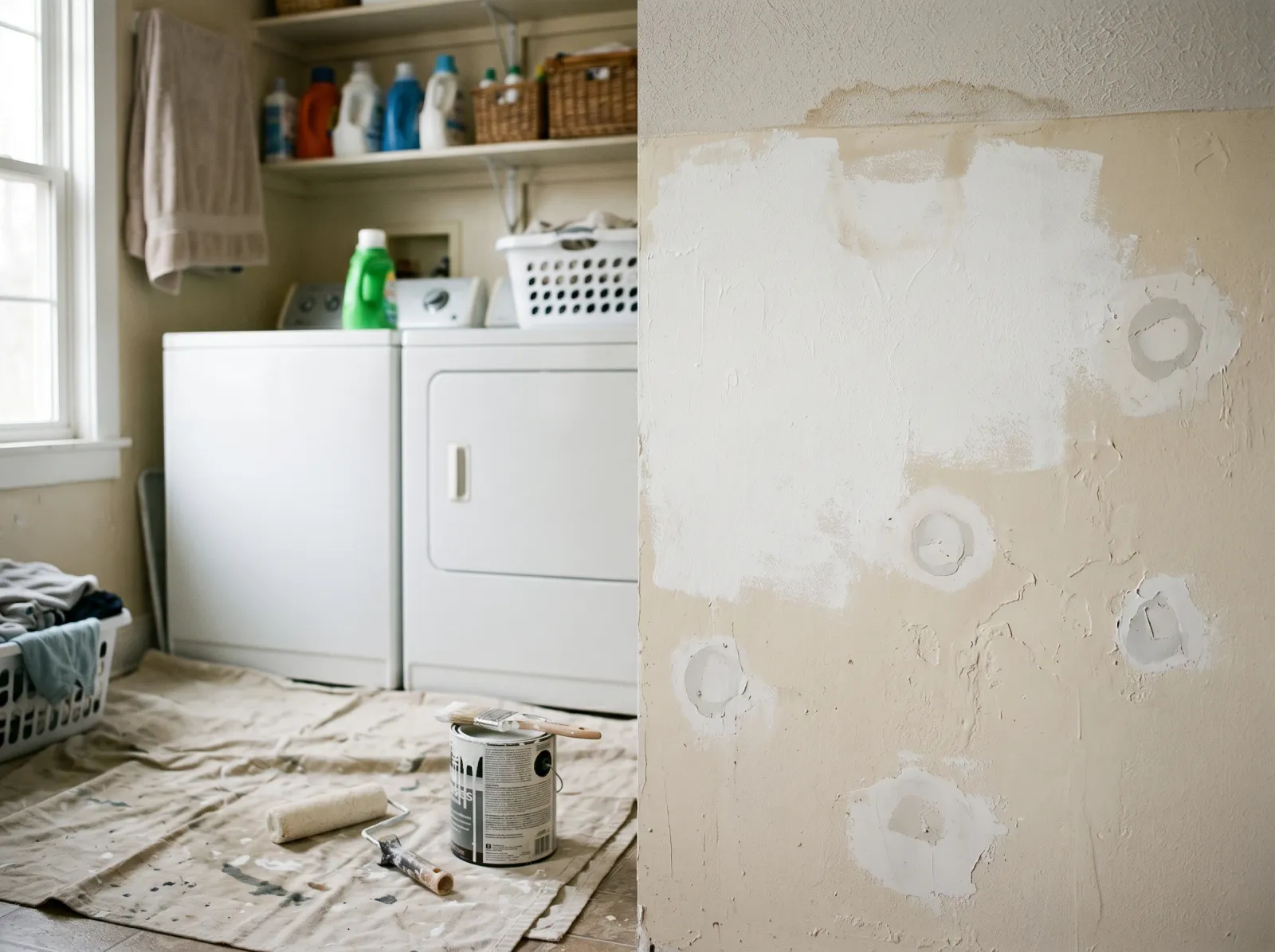 Laundry room wall with stain-blocking primer spot-coated over a water mark and patches