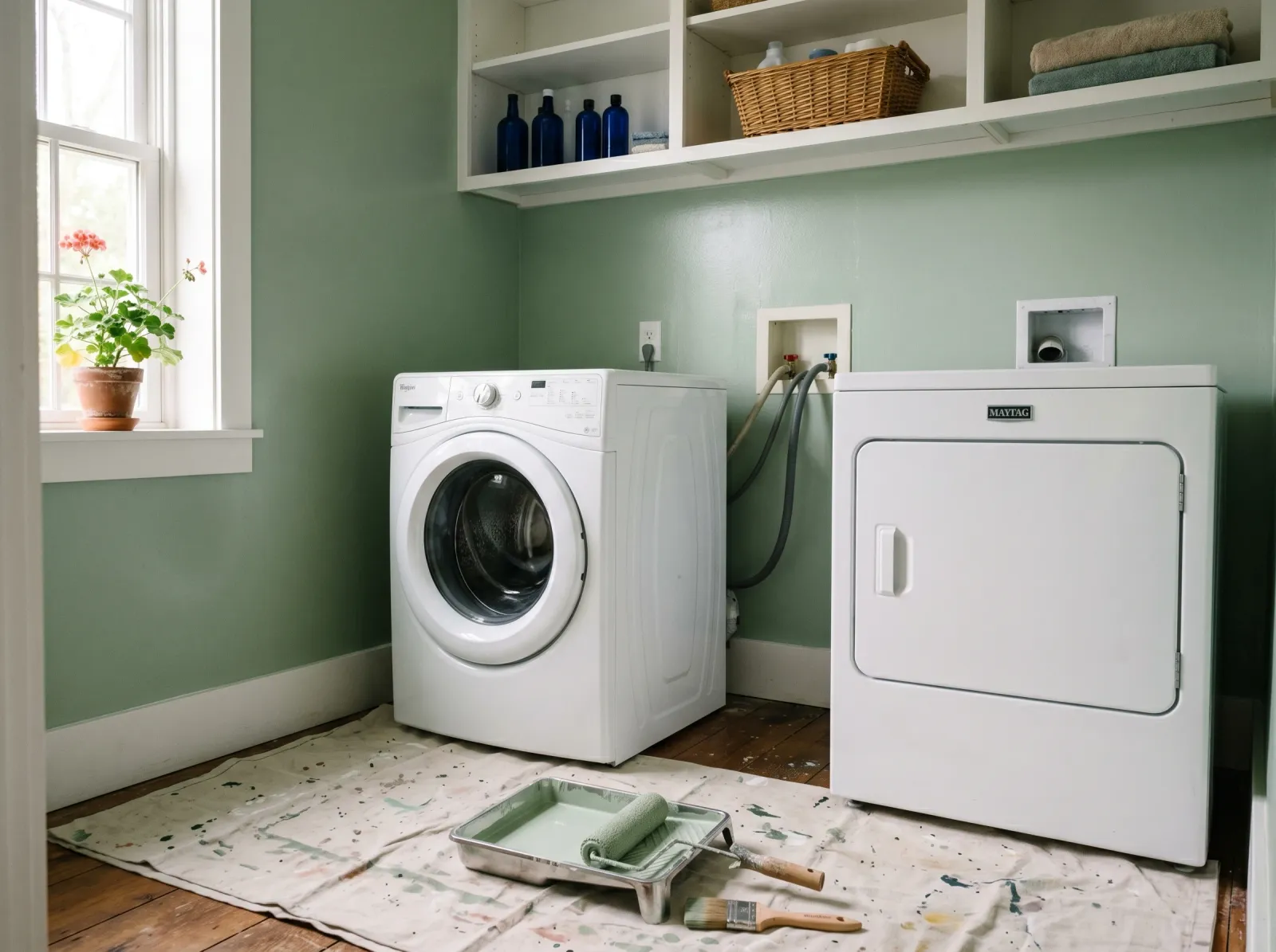 Laundry room walls with an even second coat of sage-green satin, roller and tray on the drop cloth