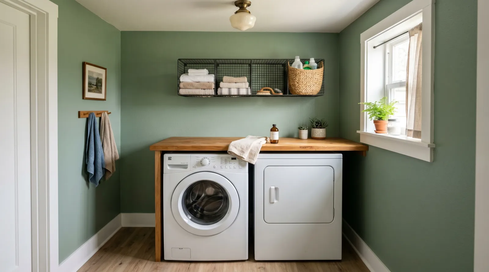 Finished laundry room with painted sage walls, machines back in place, towels on the shelf