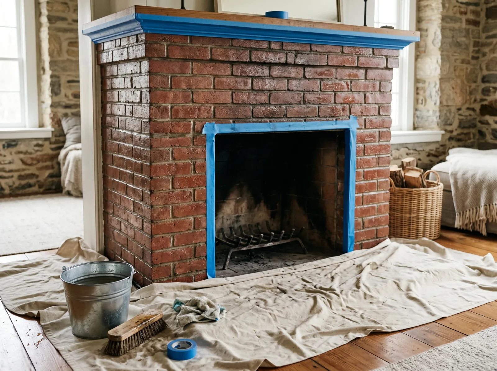 Red-brick fireplace scrubbed clean with mantel taped and drop cloth down