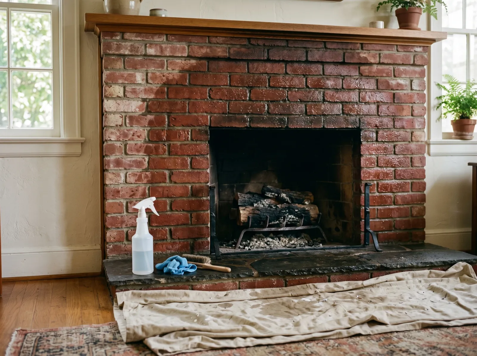 Red-brick fireplace dampened with a fine mist of water before limewashing