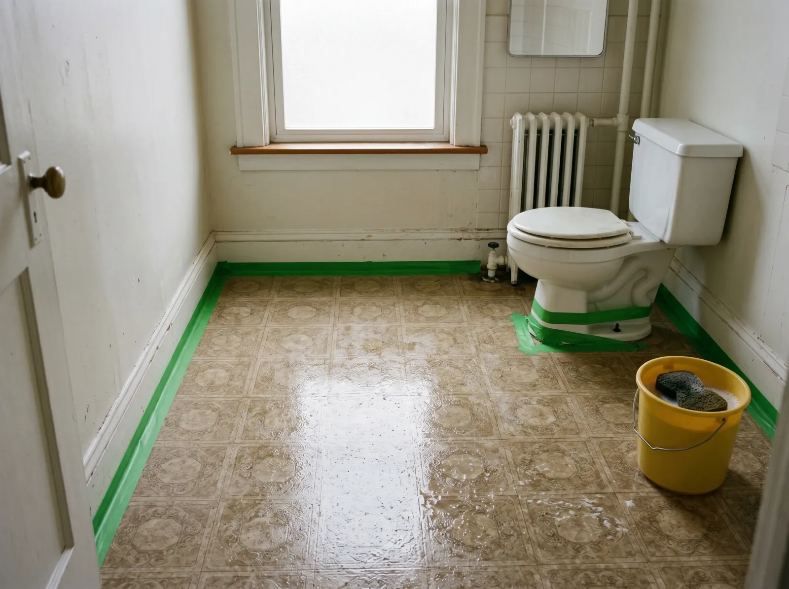 Empty bathroom with linoleum floor washed and baseboards taped off