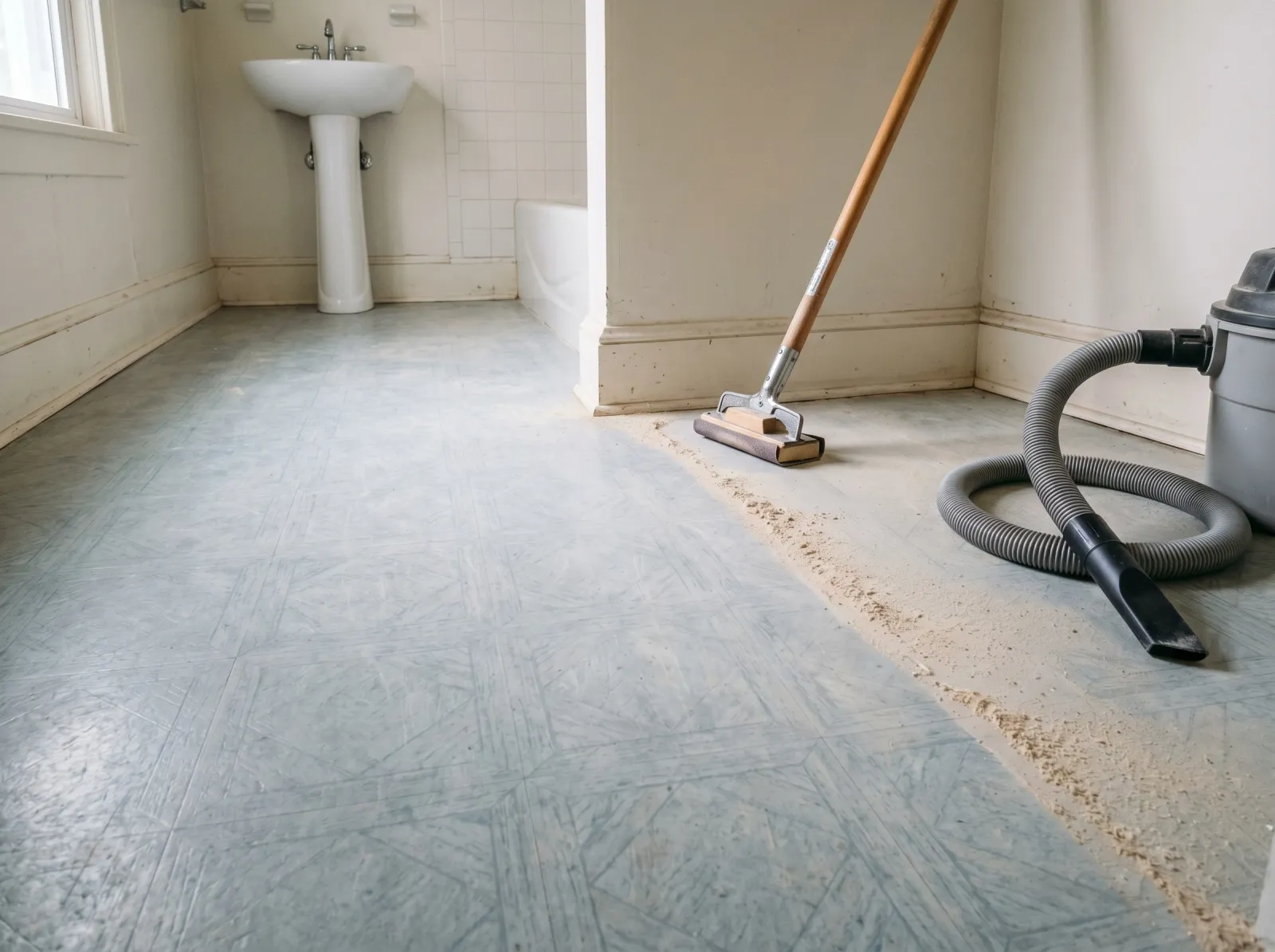 Linoleum floor scuff-sanded to a dull matte with light sanding dust along the edge