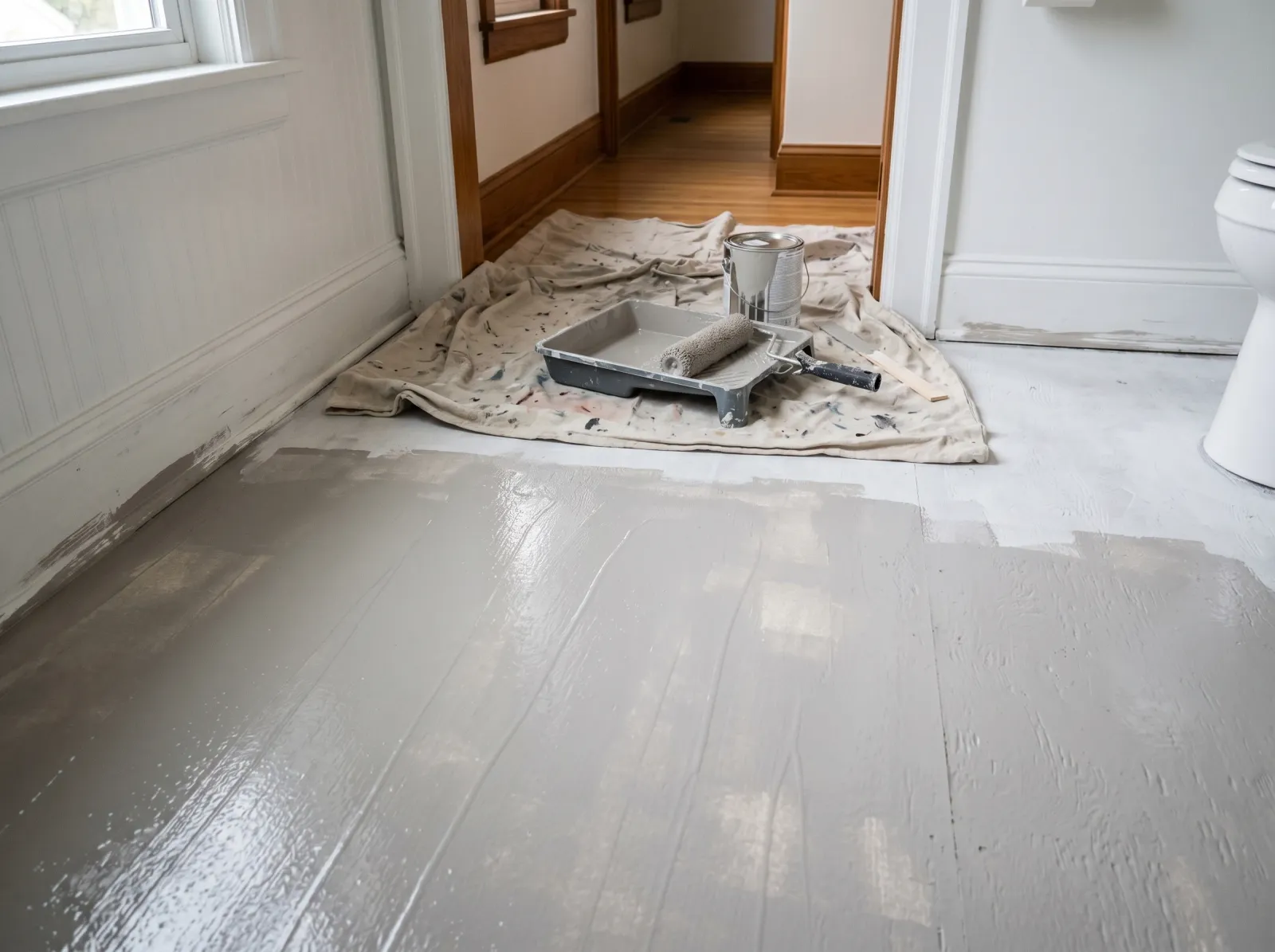 Bathroom floor with a thin first coat of warm grey floor enamel over primer