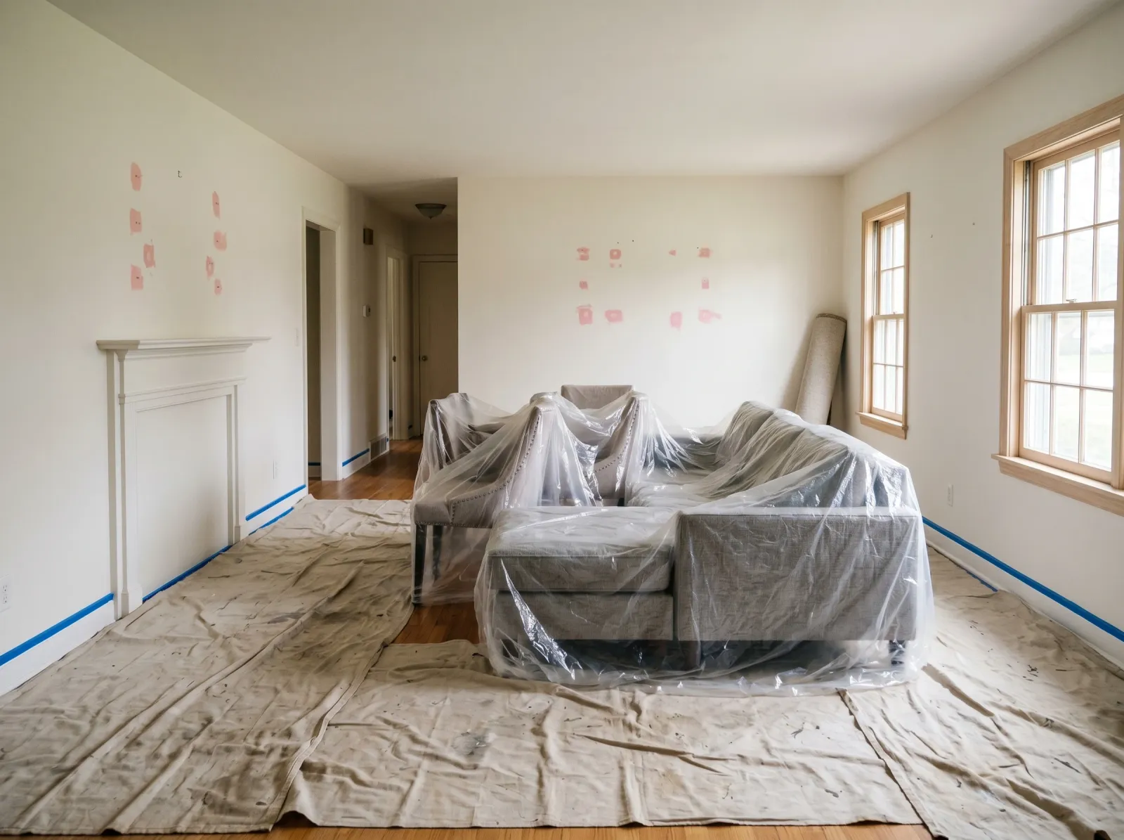 Living room prepped with furniture centered under plastic and walls patched