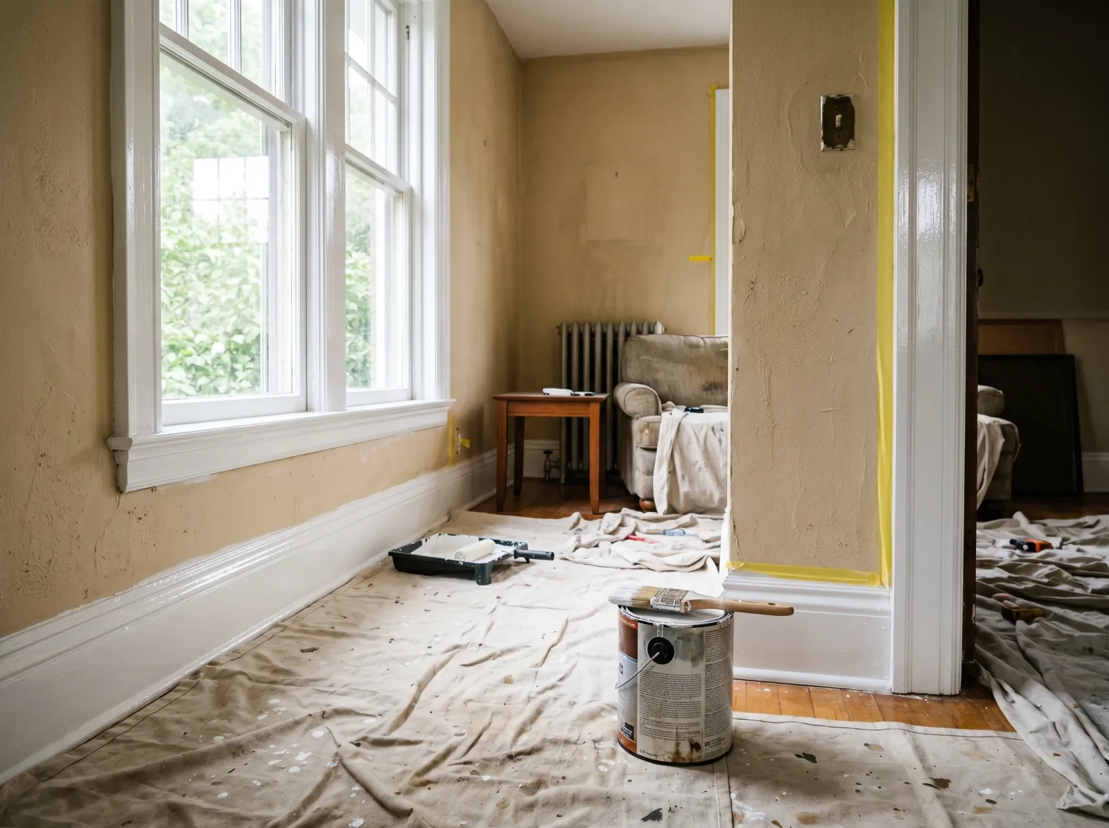 Living room with all trim freshly painted bright white and walls still in the original color