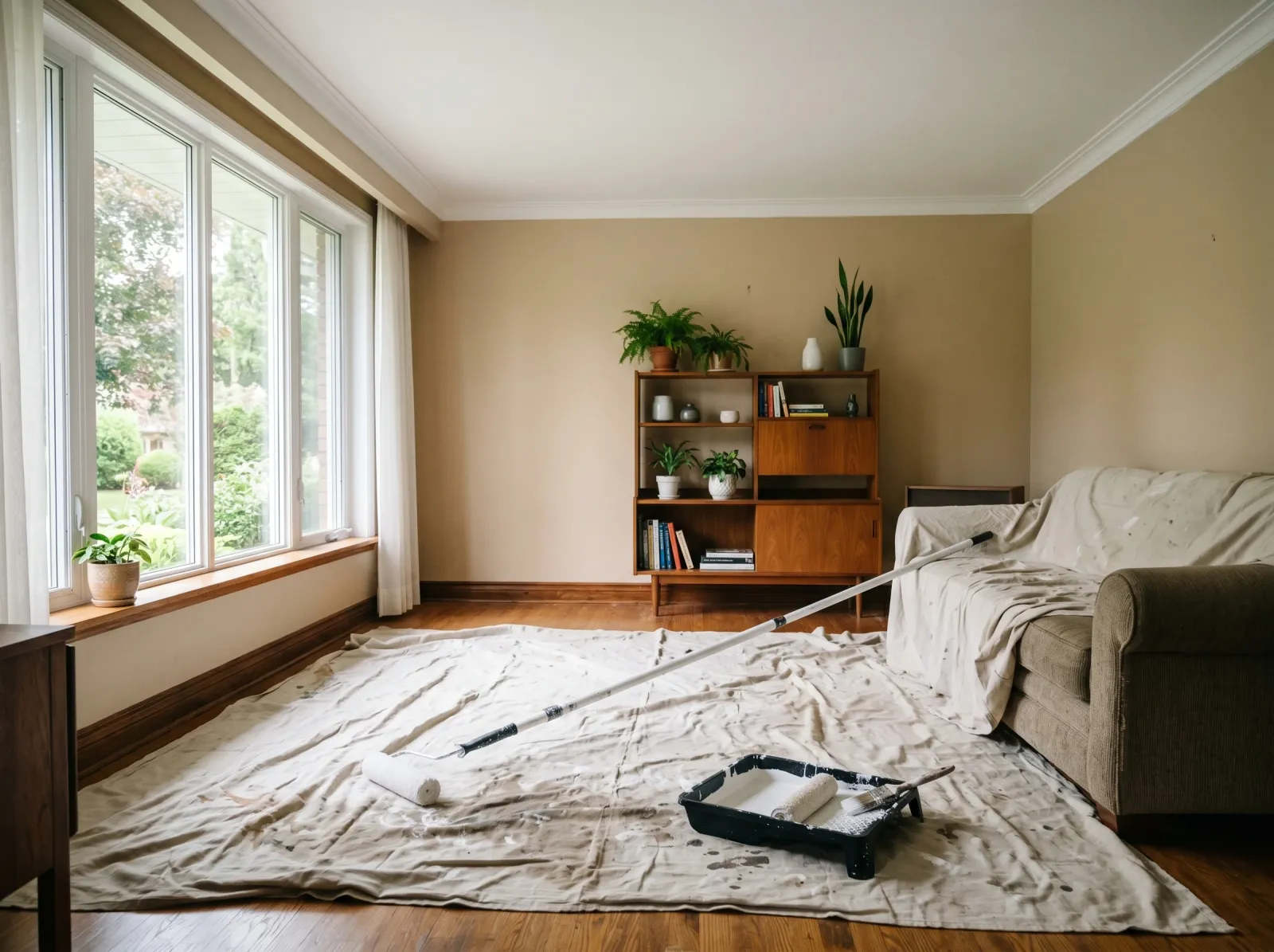 Living room with a freshly rolled flat white ceiling and walls still in the original color