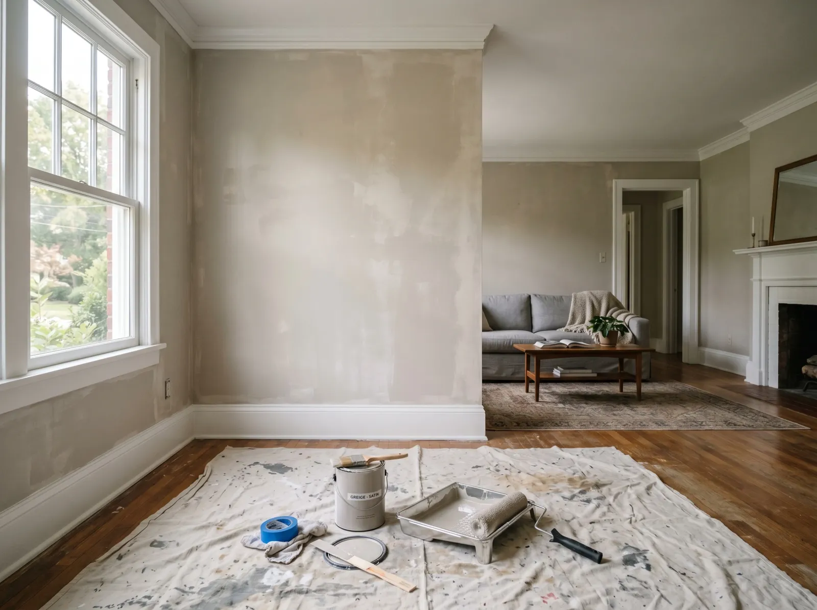 Living room mid-paint with a patchy first coat of warm greige walls