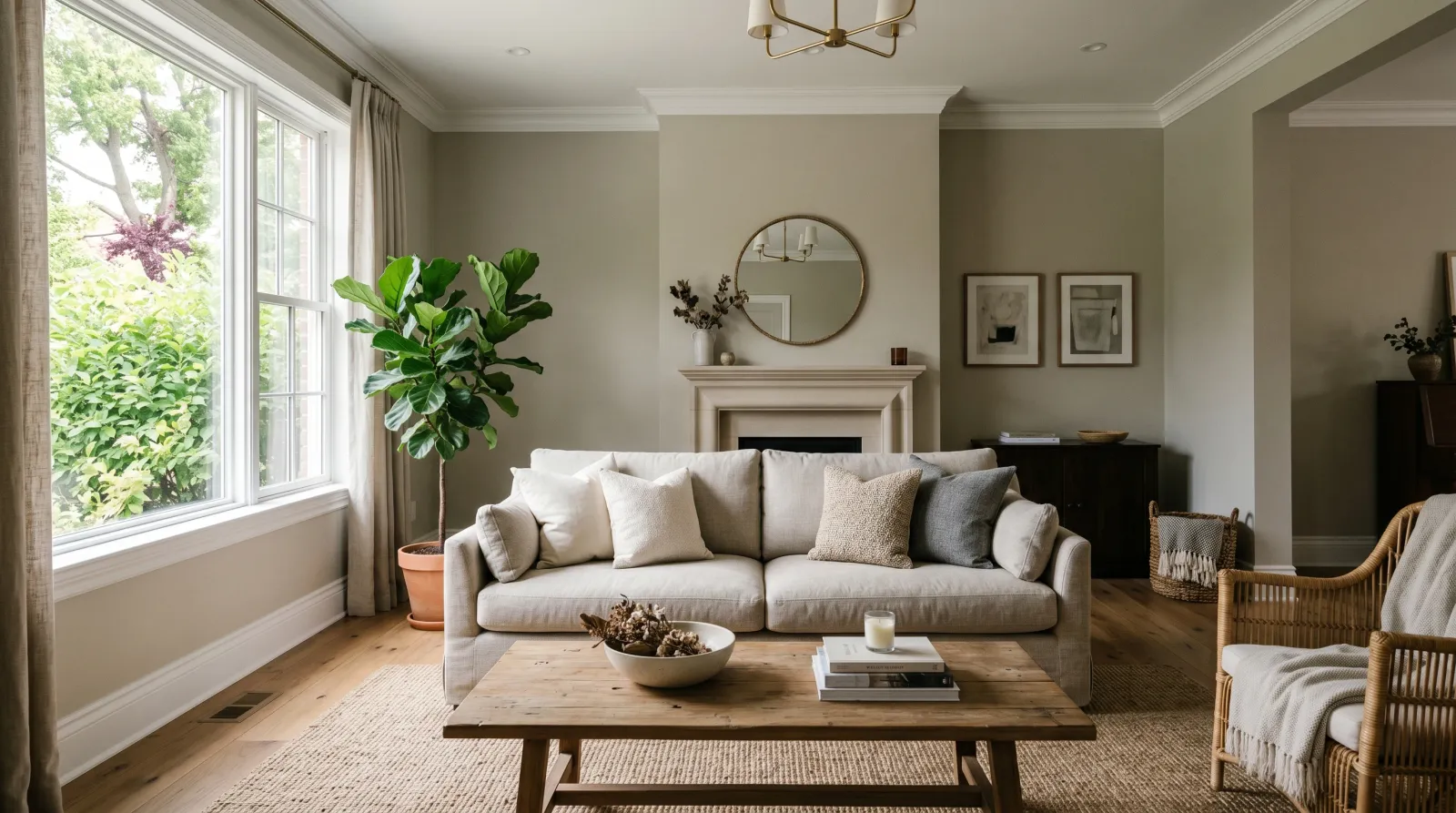 Finished living room with smooth warm greige walls and the furniture back in place