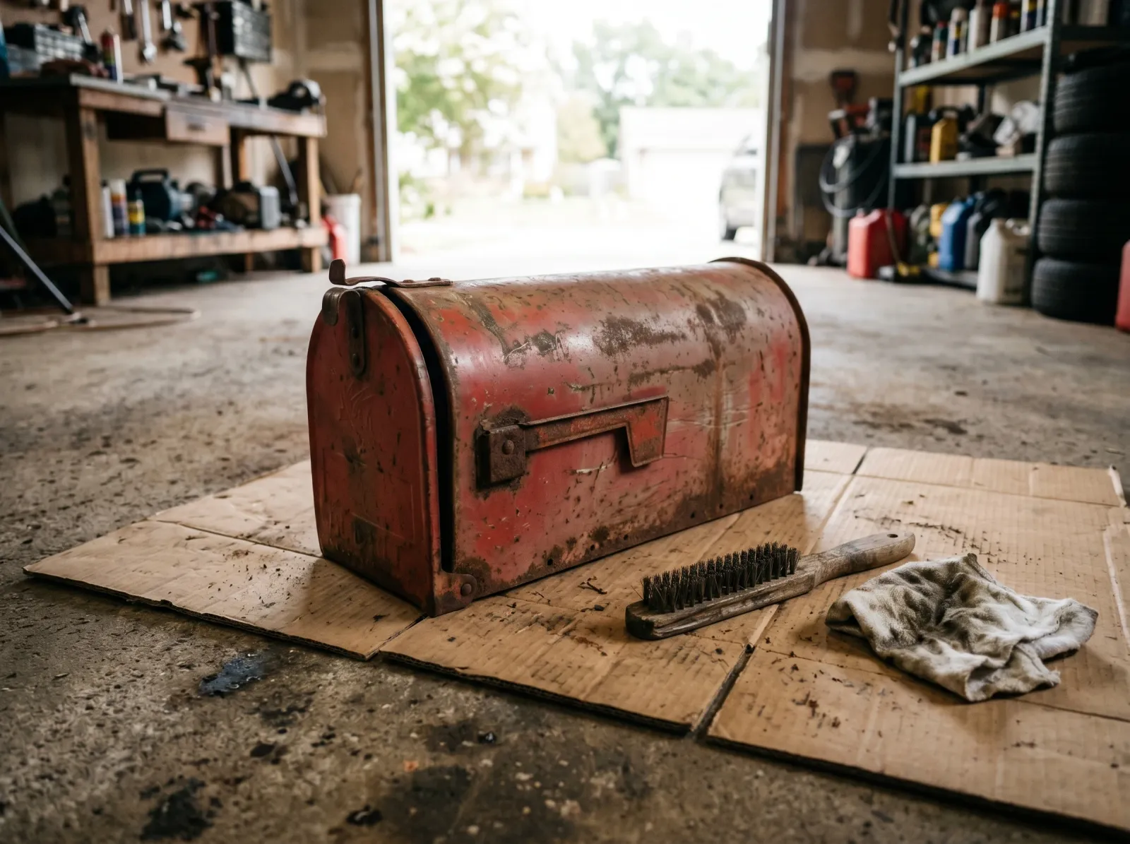 Steel mailbox off its post on cardboard, wire brush beside it, old paint and surface rust visible
