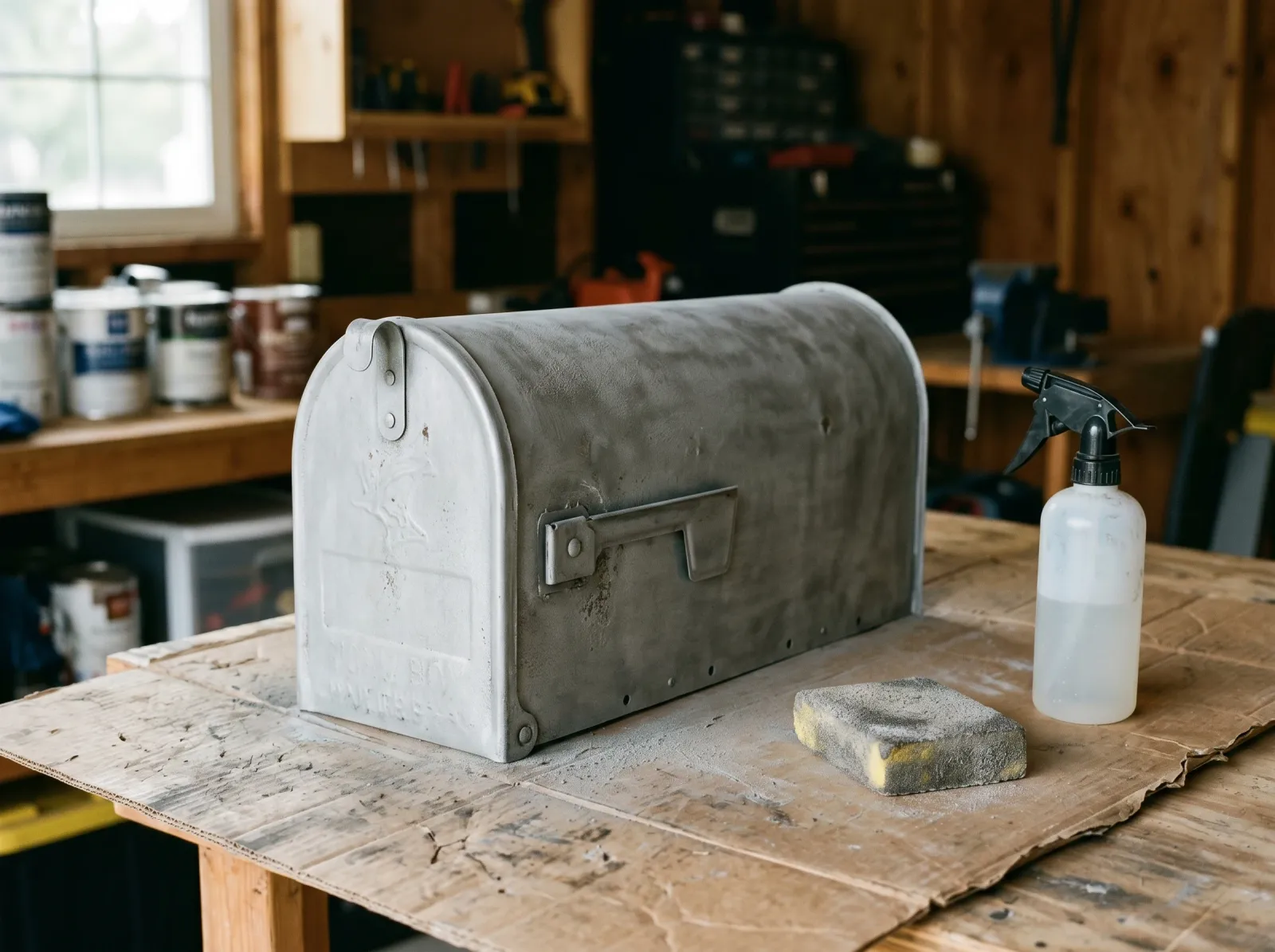 Mailbox scuffed dull grey after rust treatment, sanding sponge and metal-prep bottle nearby