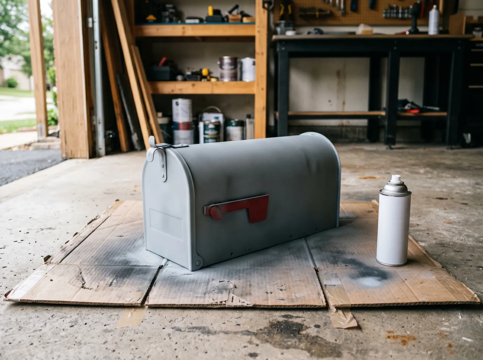 Mailbox coated in grey metal primer drying on cardboard, spray can beside it