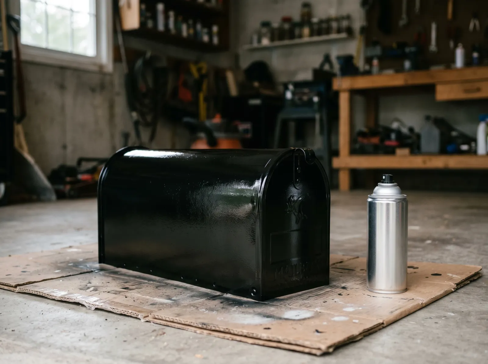 Mailbox with first coat of glossy black enamel, spray can on the cardboard beside it
