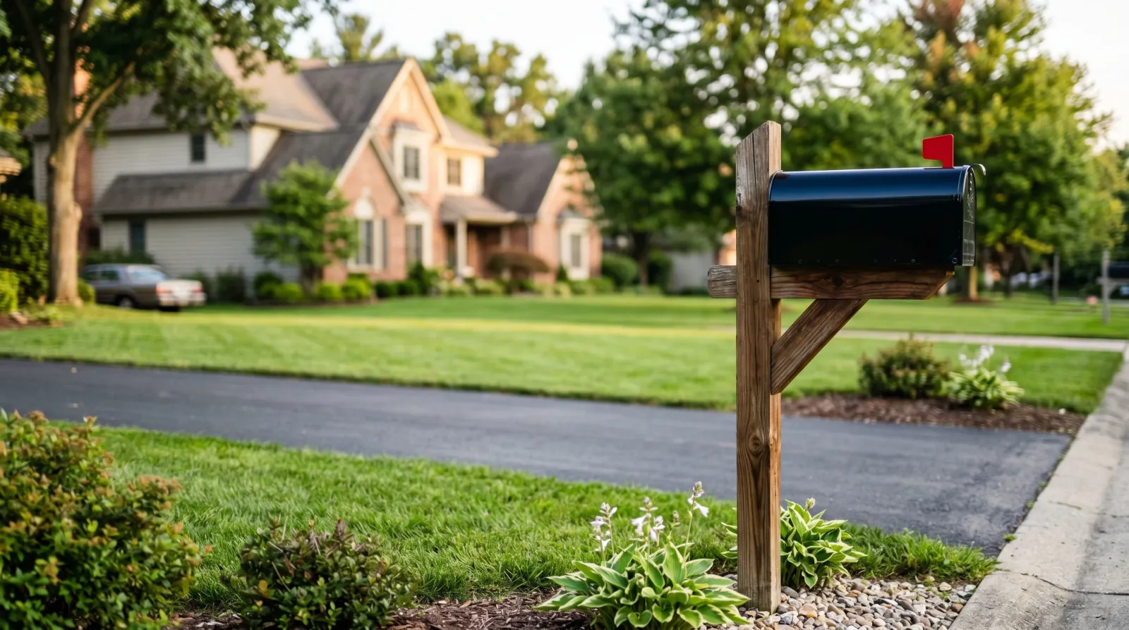 Finished black mailbox reinstalled on a cedar post at the end of a driveway