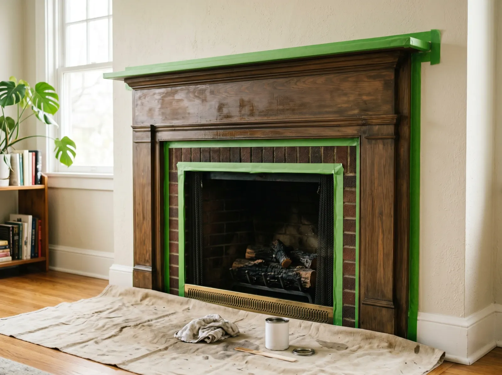 Fireplace mantle deglossed and taped off with a drop cloth over the hearth