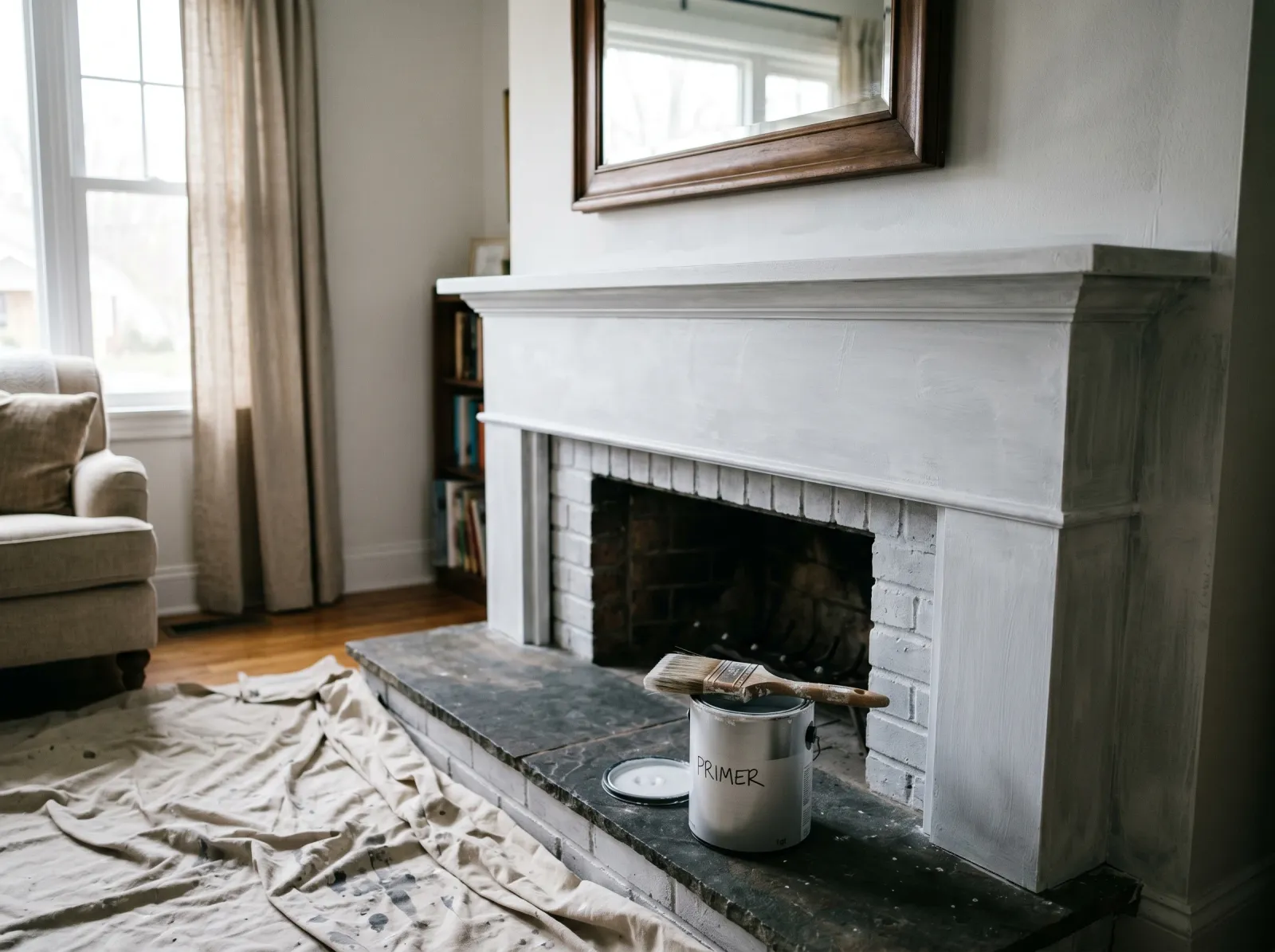 Fireplace mantle coated in a single coat of white stain-blocking primer