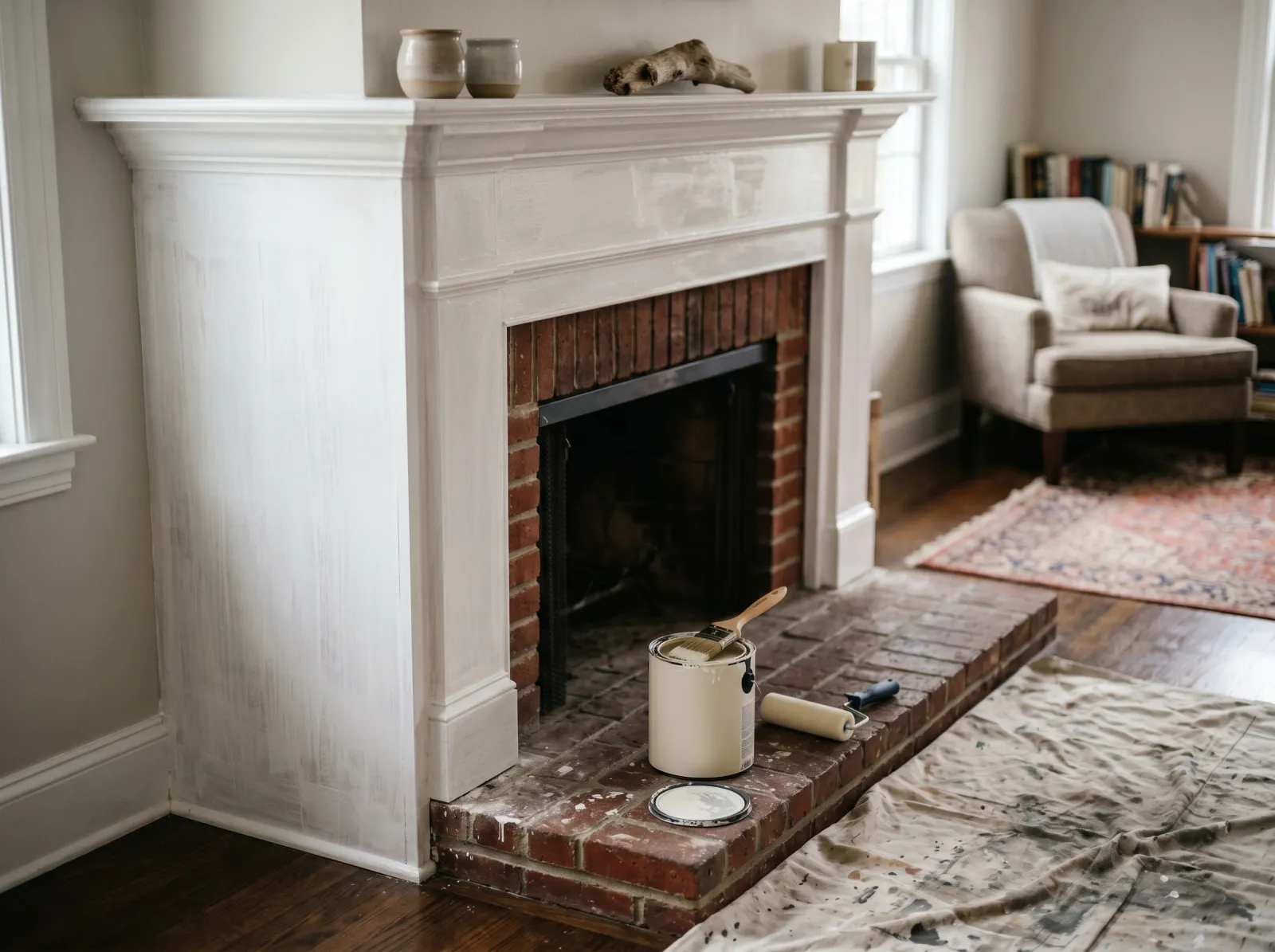 Fireplace mantle with a thin first coat of warm-white semi-gloss enamel
