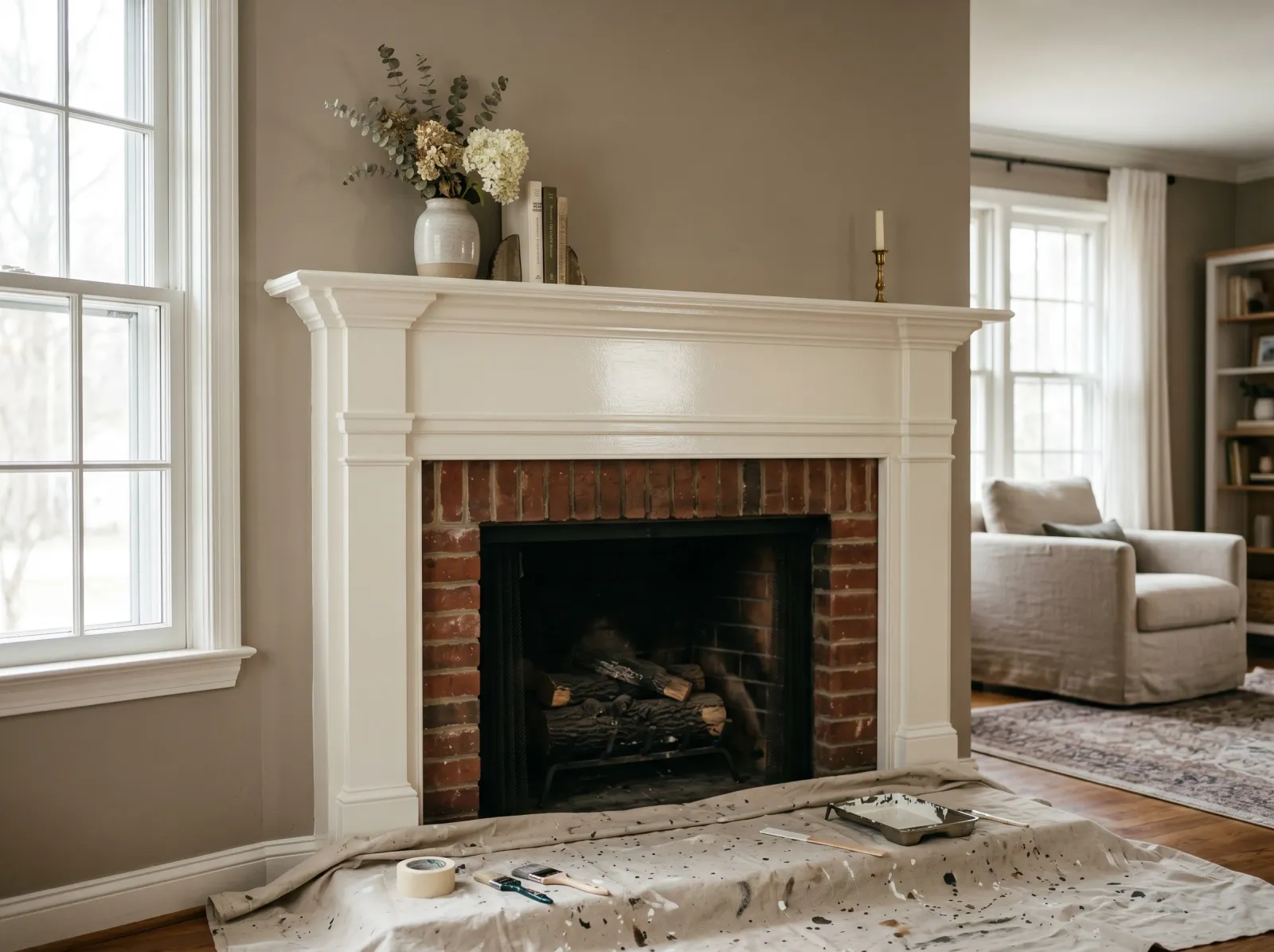 Fireplace mantle with an even glossy second coat and clean taped edges