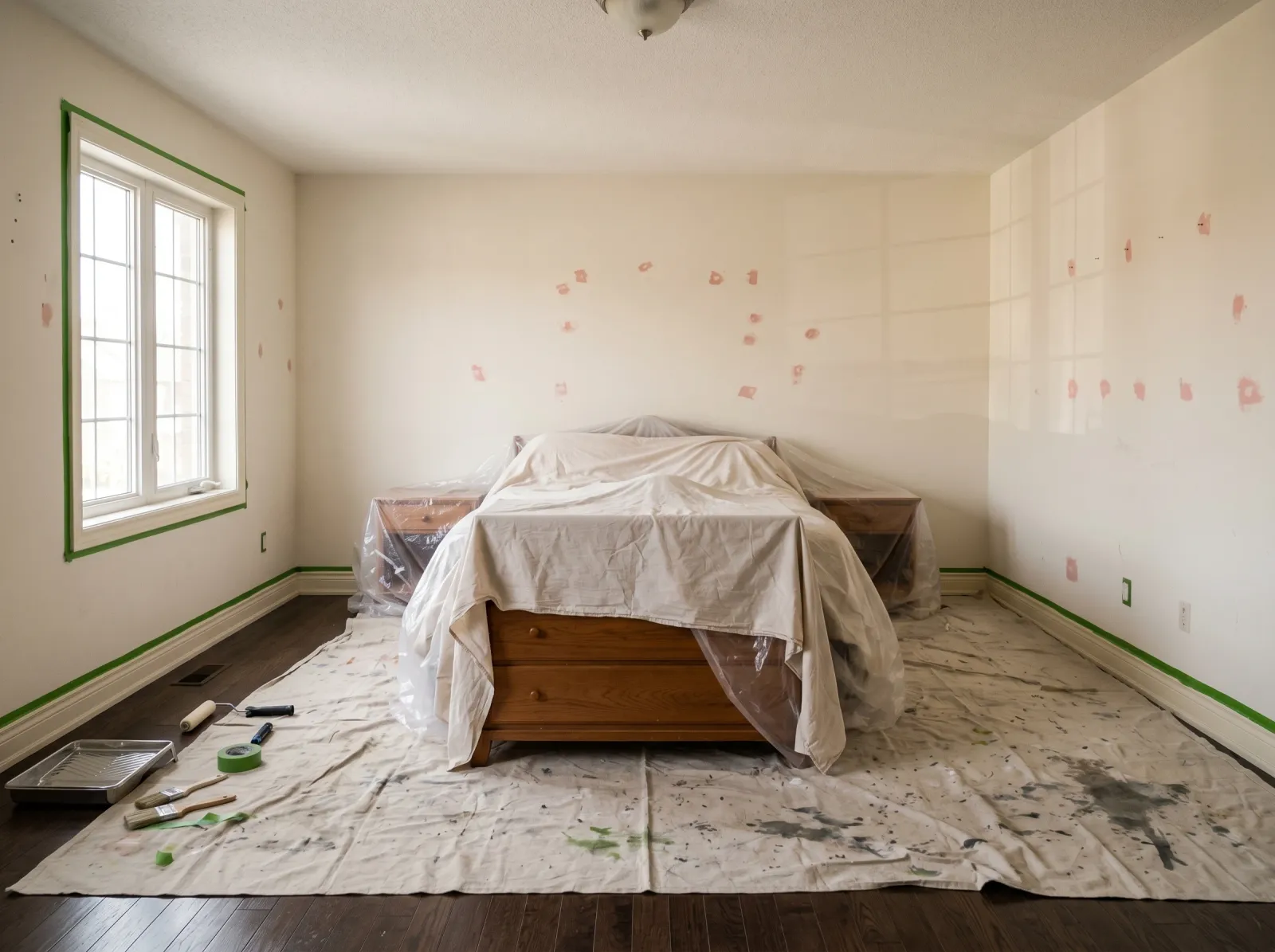Master bedroom prepped with furniture islanded in the center under sheets and walls patched