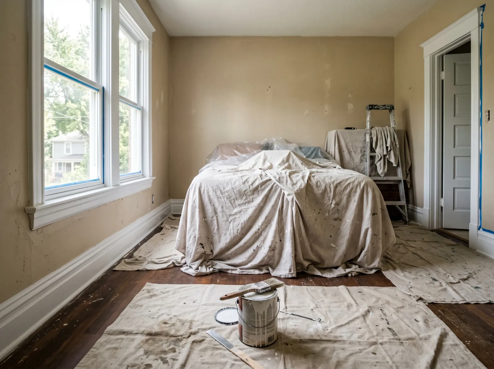 Master bedroom with all trim freshly painted bright white and walls still in original color