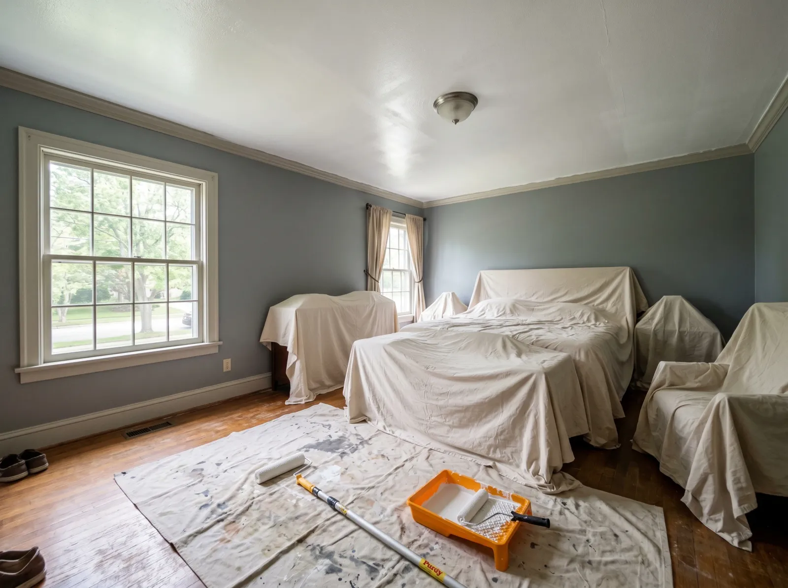 Master bedroom with freshly rolled flat white ceiling and walls still original color