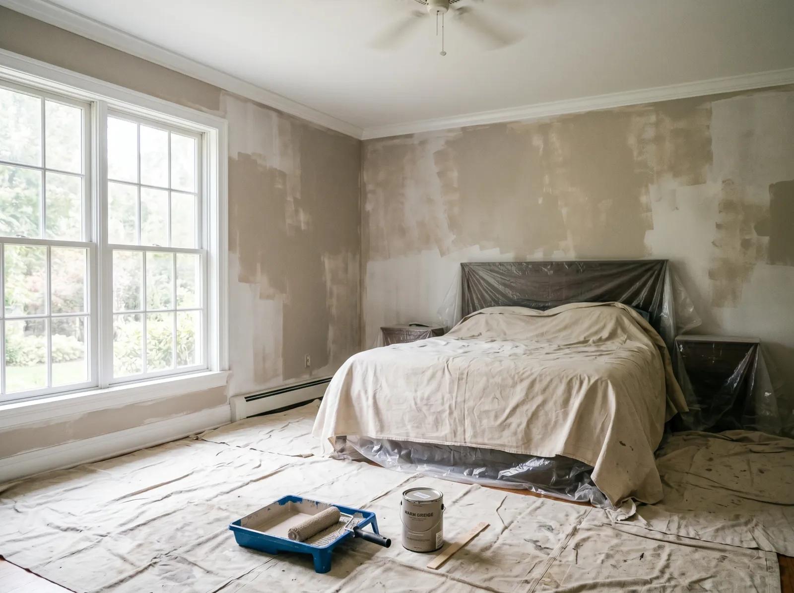 Master bedroom mid-paint with a patchy first coat of warm greige walls