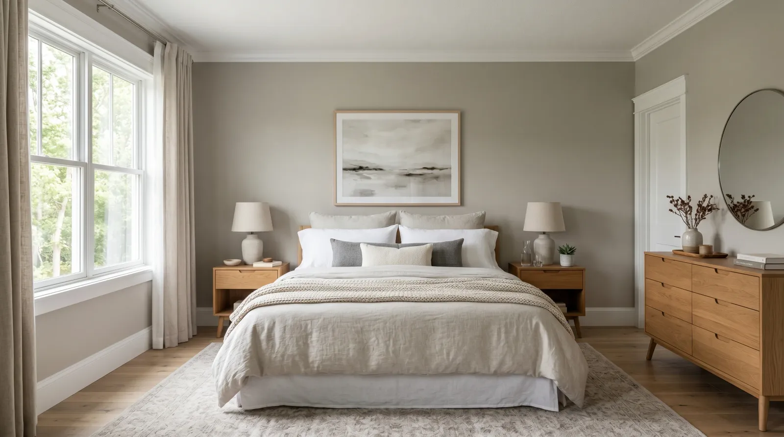 Finished master bedroom with smooth warm greige walls and furniture back in place
