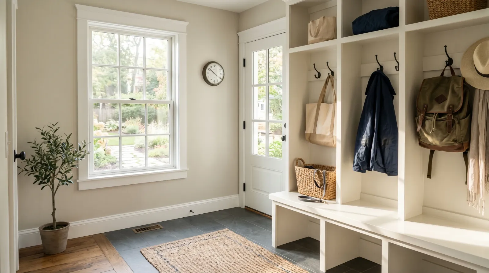 Sunlit mudroom with painted greige walls, white semi-gloss trim, and a built-in bench with cubbies