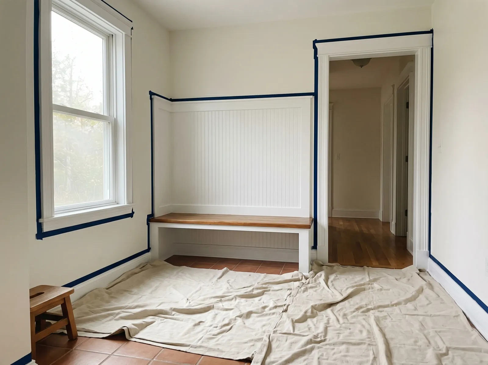 Empty mudroom prepped for paint with bench cleared and drop cloth on the floor