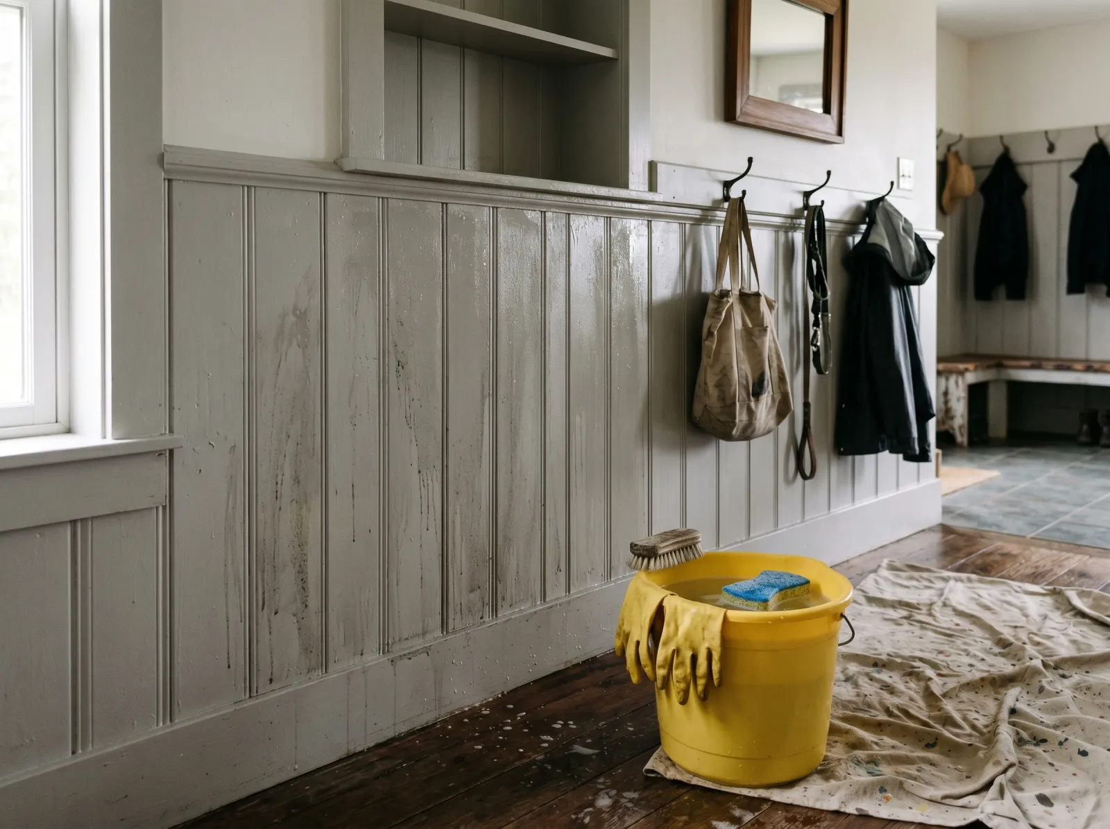 Mudroom wall wiped clean with degreaser, bucket and sponge on the drop cloth