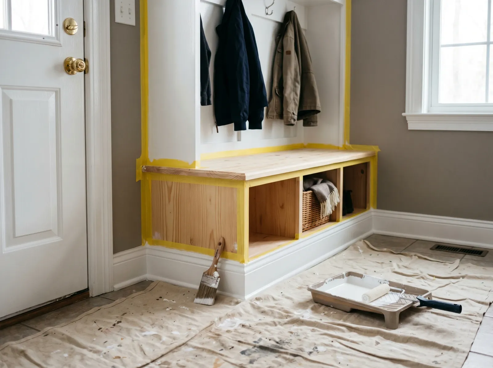 Mudroom with freshly painted white trim and the bench masked off for its own coat