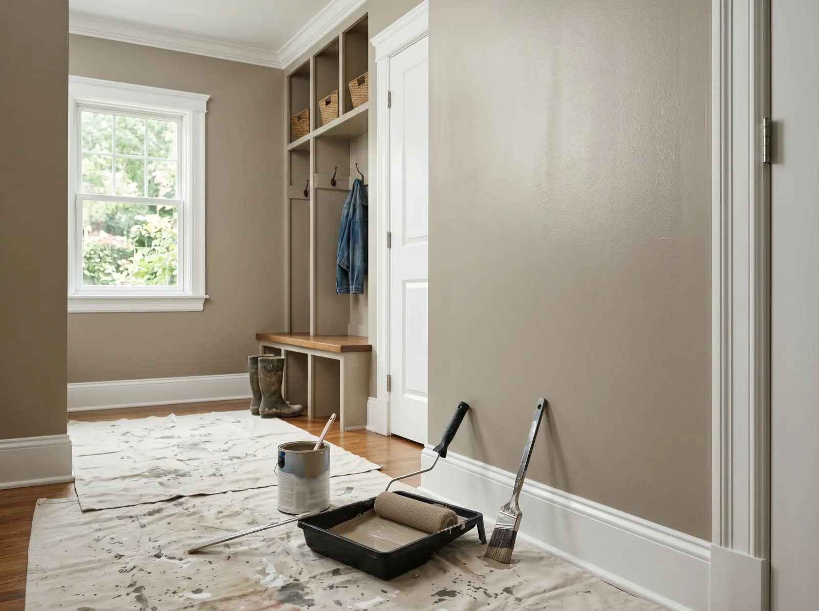 Mudroom walls with even second coat of greige satin paint, roller and tray on the drop cloth