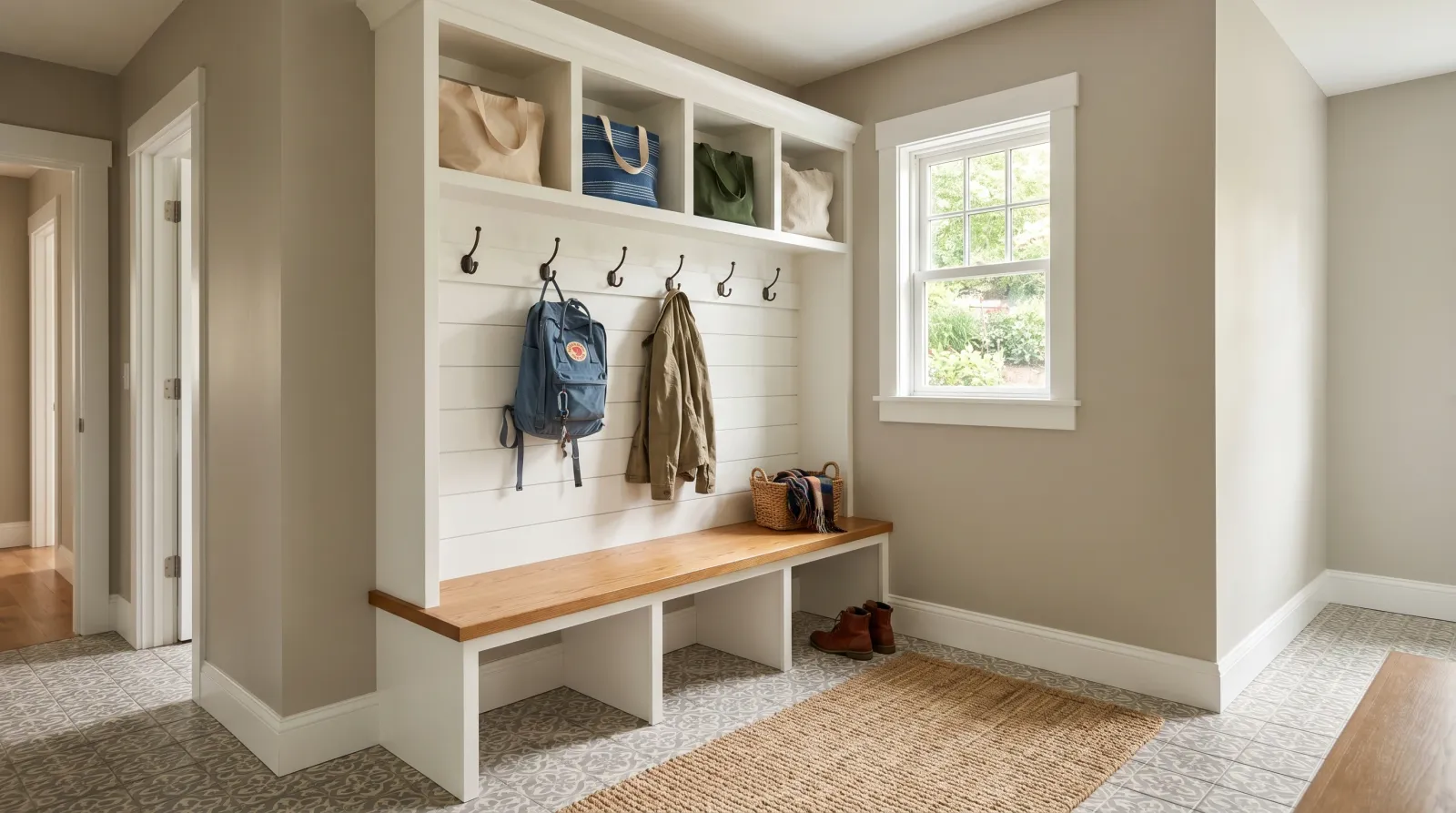 Finished mudroom with painted walls, white trim, bench reloaded with bags and coats