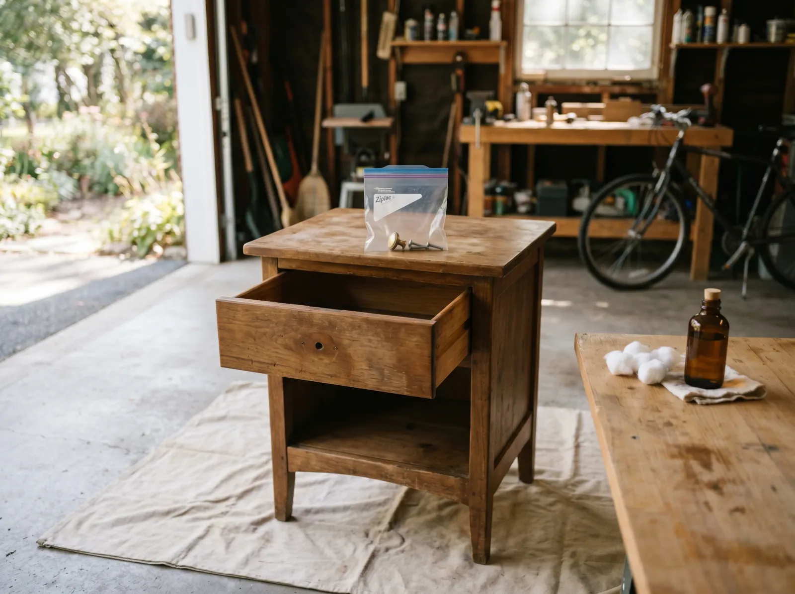 Small nightstand with drawer pulled and knob removed, alcohol test kit ready on the workbench