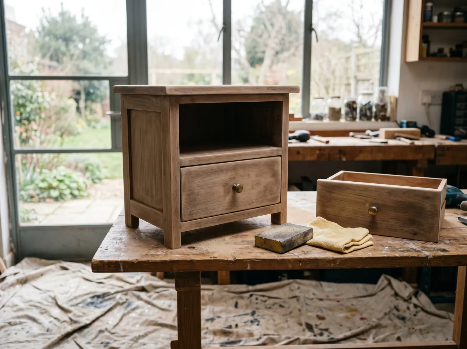 Small nightstand lightly scuff-sanded with a sanding sponge and tack cloth nearby